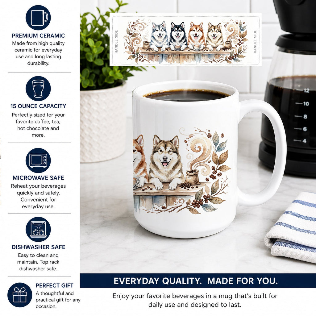 Alaskan Malamutes Morning Coffee Ceramic Coffee Mug 15 oz Decorative Large C Handle Mug Cup for Tea, Cocoa Hot Chocolate