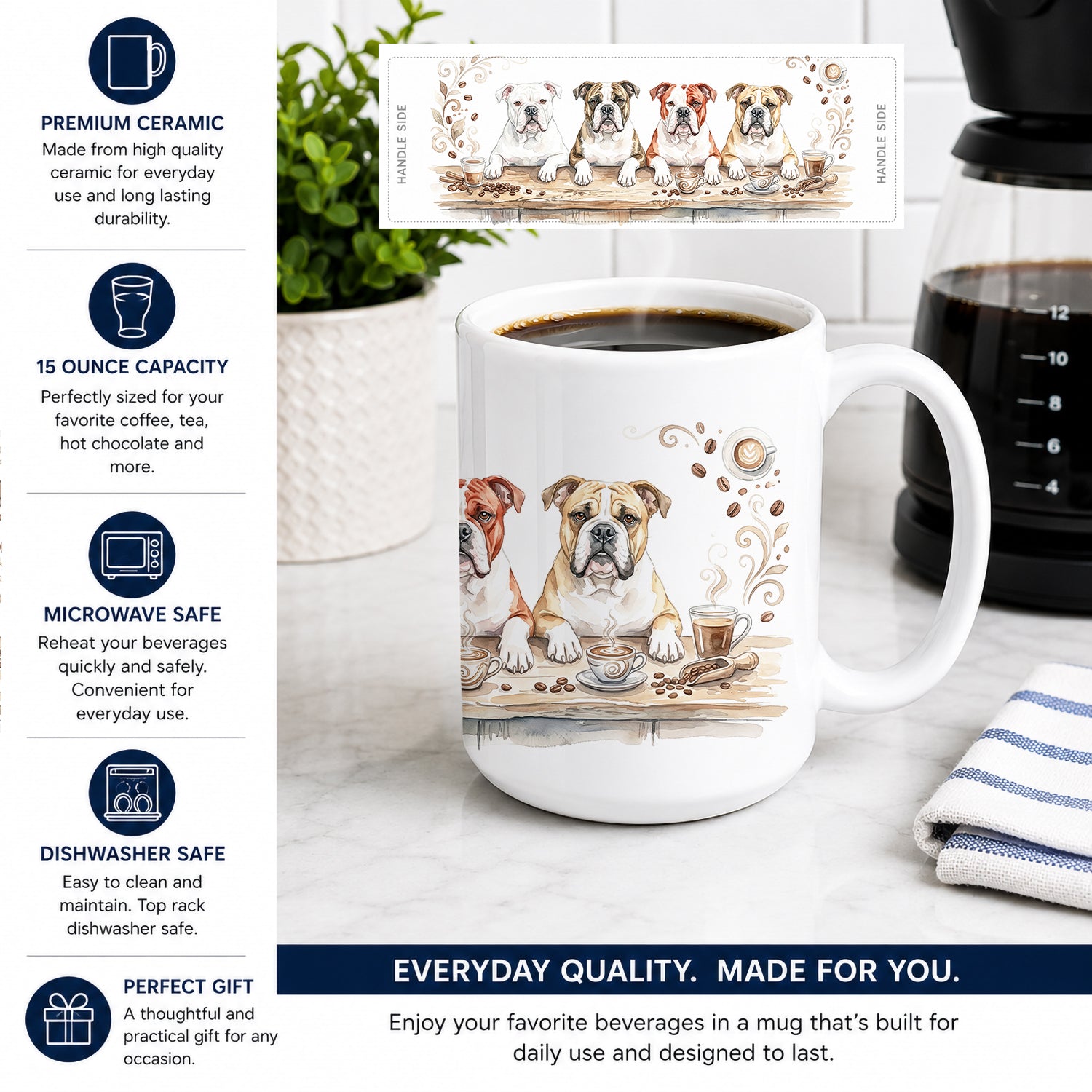 American Bulldogs Morning Coffee Ceramic Coffee Mug 15 oz Decorative Large C Handle Mug Cup for Tea, Cocoa Hot Chocolate