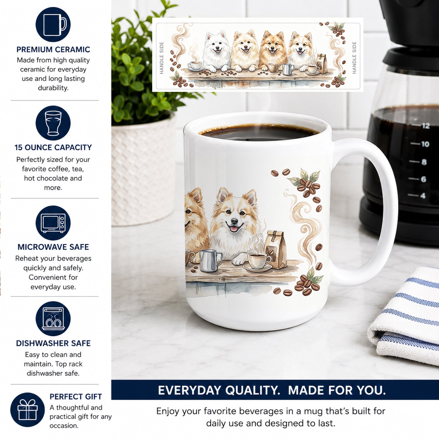 American Eskimo Dogs Morning Coffee Ceramic Coffee Mug 15 oz Decorative Large C Handle Mug Cup for Tea, Cocoa Hot Chocolate