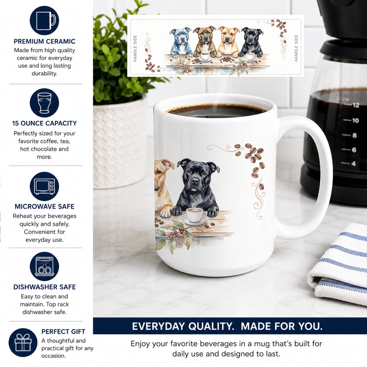 American Staffordshire Terriers Morning Coffee Ceramic Coffee Mug 15 oz Decorative Large C Handle Mug Cup for Tea, Cocoa Hot Chocolate