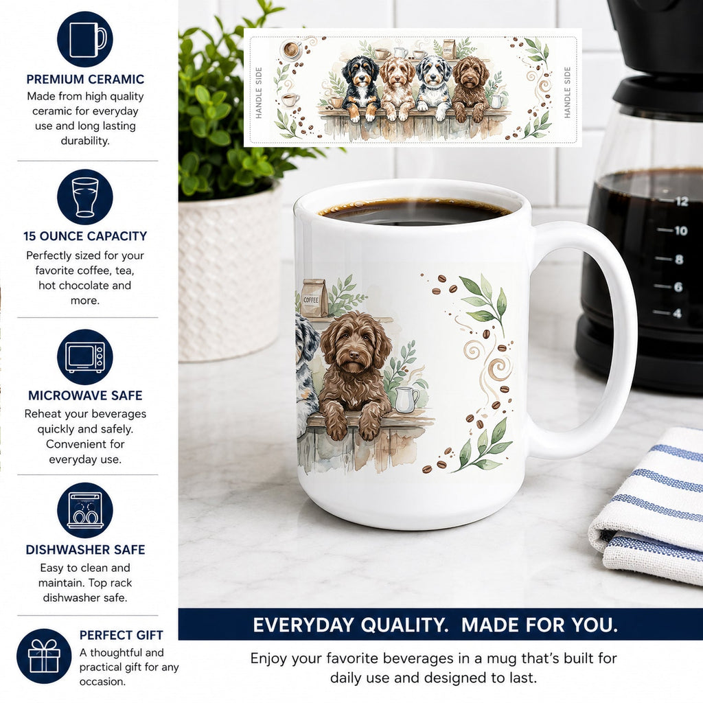Aussiedoodles Morning Coffee Ceramic Coffee Mug 15 oz Decorative Large C Handle Mug Cup for Tea, Cocoa Hot Chocolate