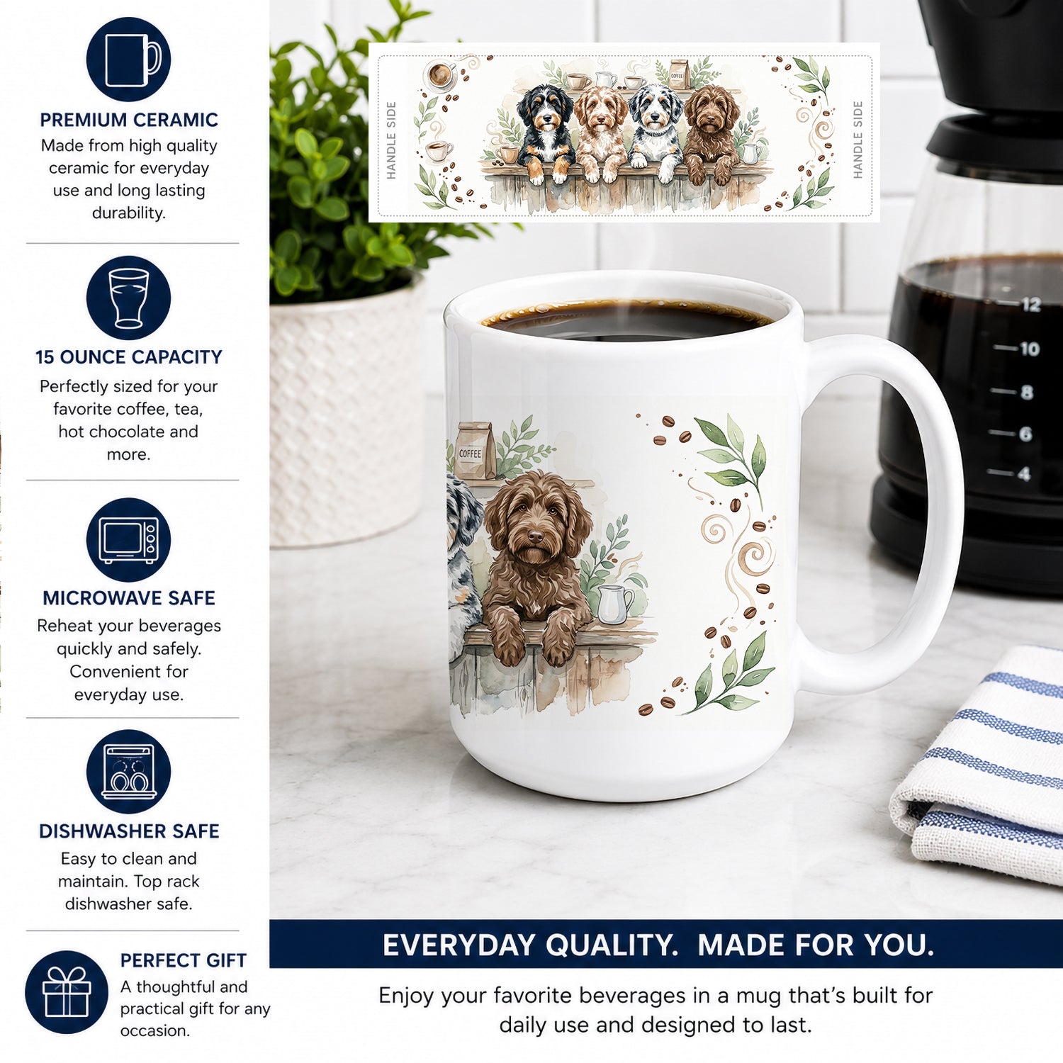 Aussiedoodles Morning Coffee Ceramic Coffee Mug 15 oz Decorative Large C Handle Mug Cup for Tea, Cocoa Hot Chocolate