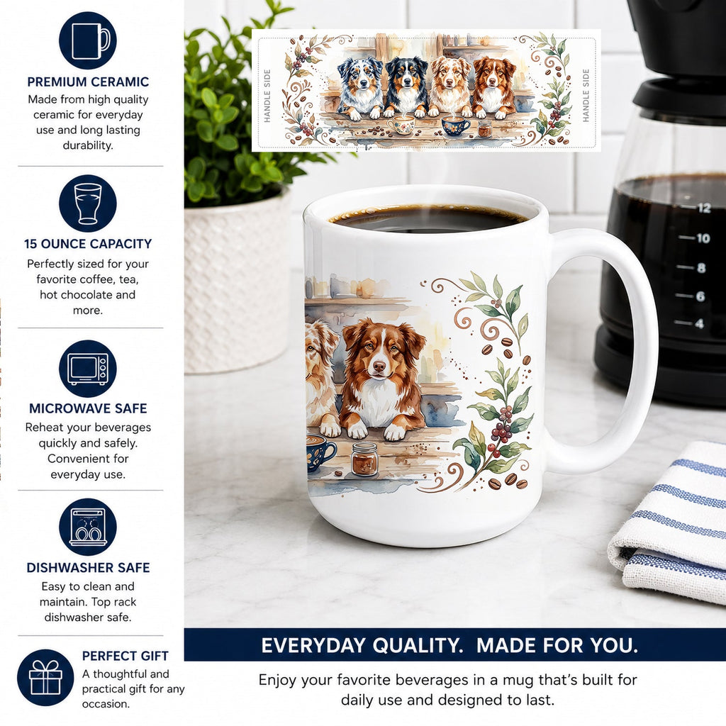 Australian Shepherds Morning Coffee Ceramic Coffee Mug 15 oz Decorative Large C Handle Mug Cup for Tea, Cocoa Hot Chocolate