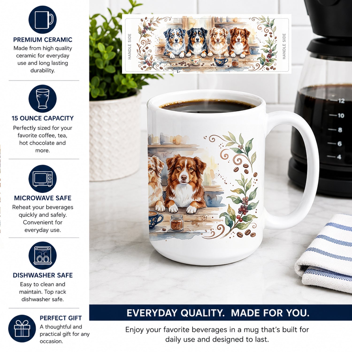 Australian Shepherds Morning Coffee Ceramic Coffee Mug 15 oz Decorative Large C Handle Mug Cup for Tea, Cocoa Hot Chocolate