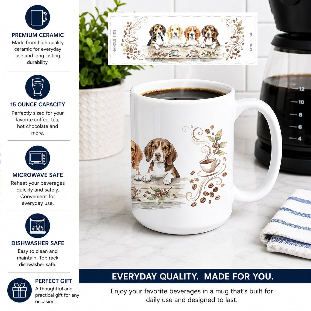 Beagles Morning Coffee Ceramic Coffee Mug 15 oz Decorative Large C Handle Mug Cup for Tea, Cocoa Hot Chocolate
