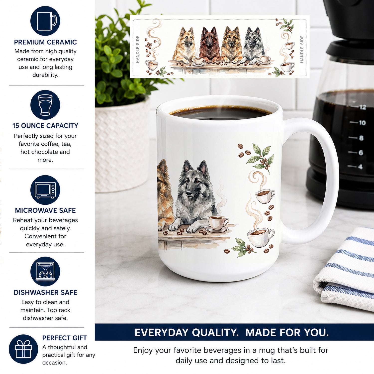 Belgian Tervurens Morning Coffee Ceramic Coffee Mug 15 oz Decorative Large C Handle Mug Cup for Tea, Cocoa Hot Chocolate
