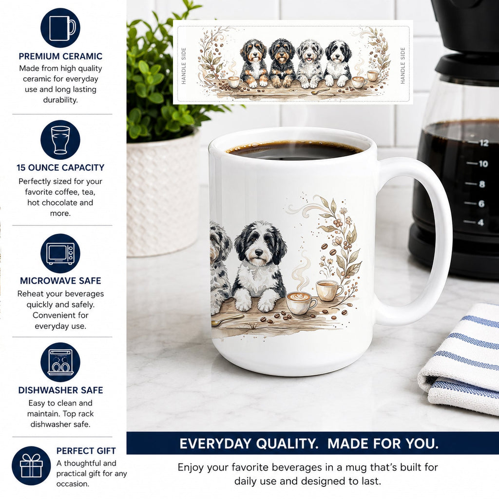 Bernedoodles Morning Coffee Ceramic Coffee Mug 15 oz Decorative Large C Handle Mug Cup for Tea, Cocoa Hot Chocolate