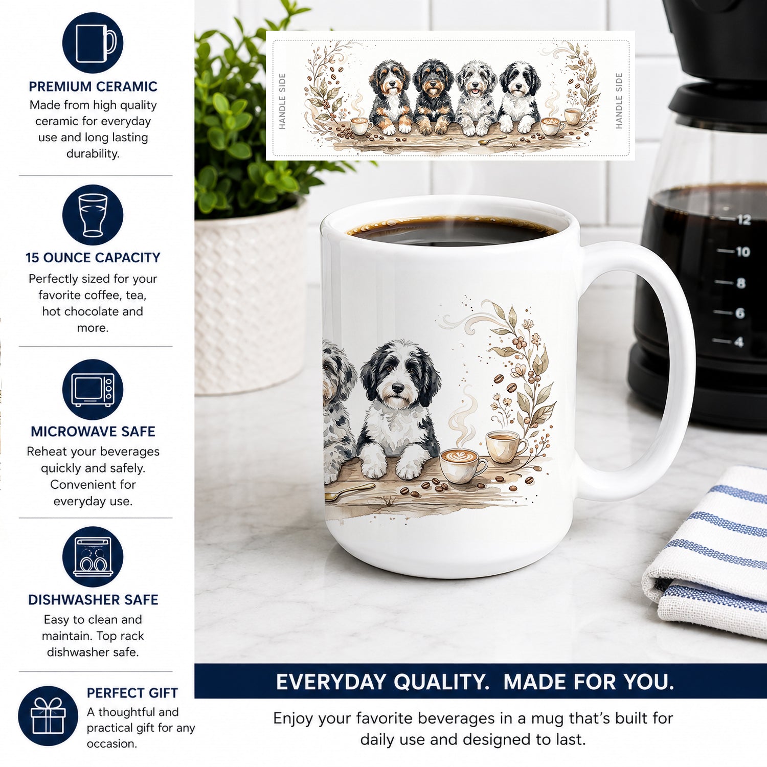Bernedoodles Morning Coffee Ceramic Coffee Mug 15 oz Decorative Large C Handle Mug Cup for Tea, Cocoa Hot Chocolate