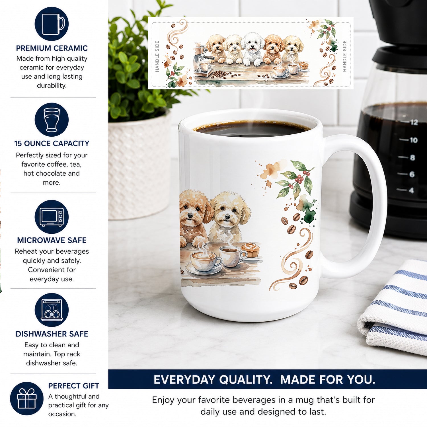 Bichon Frises Morning Coffee Ceramic Coffee Mug 15 oz Decorative Large C Handle Mug Cup for Tea, Cocoa Hot Chocolate