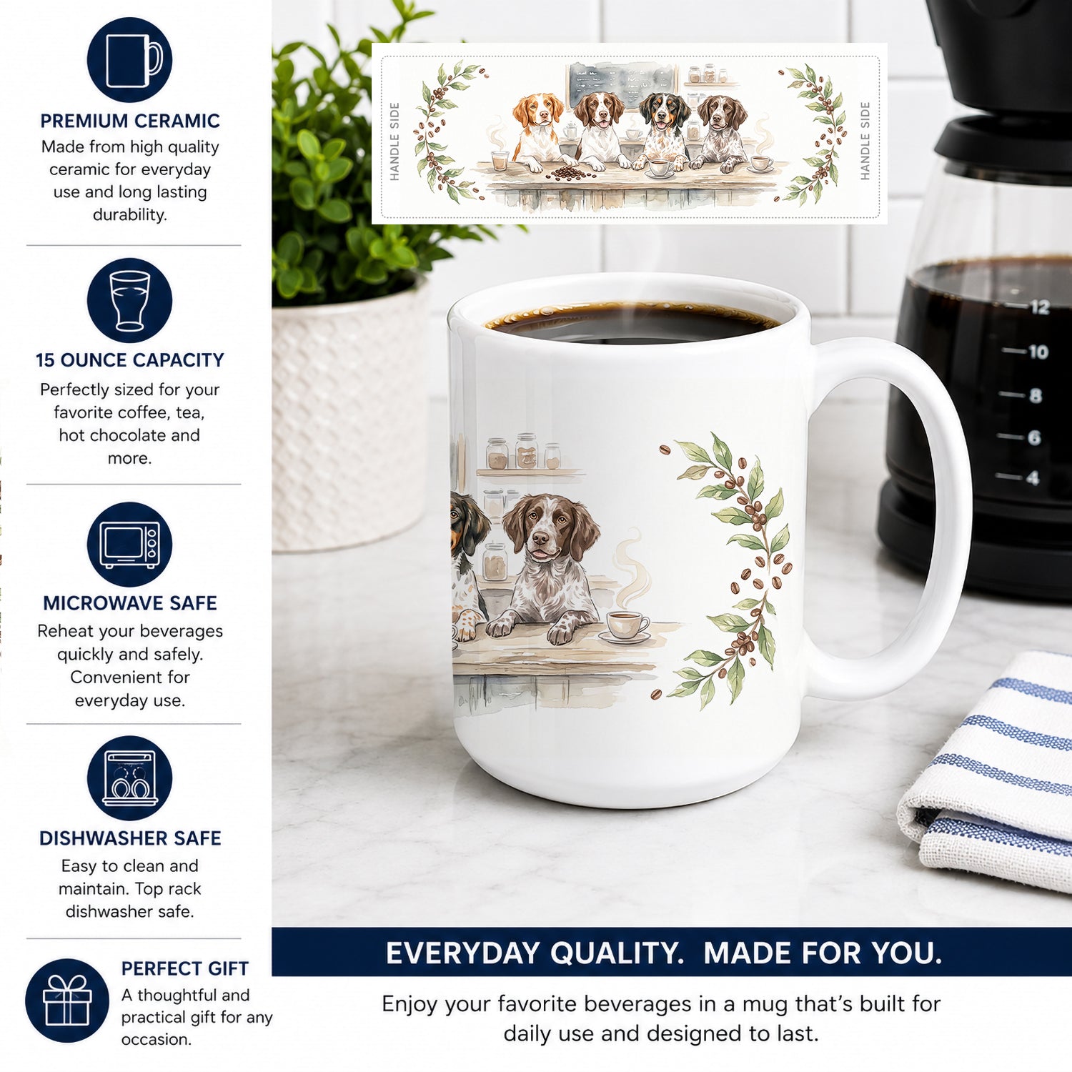 Brittany Spaniels Morning Coffee Ceramic Coffee Mug 15 oz Decorative Large C Handle Mug Cup for Tea, Cocoa Hot Chocolate