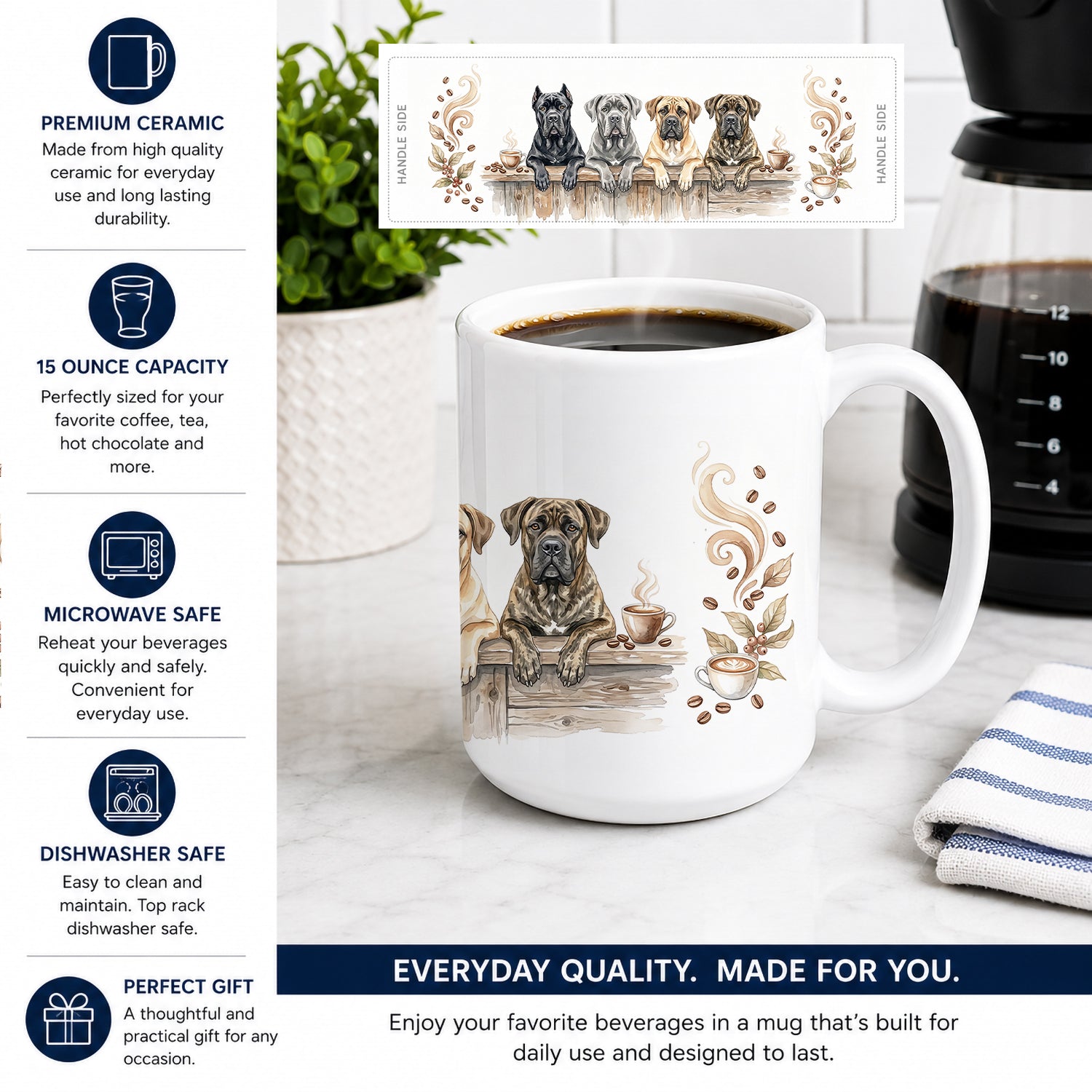 Cane Corsos Morning Coffee Ceramic Coffee Mug 15 oz Decorative Large C Handle Mug Cup for Tea, Cocoa Hot Chocolate