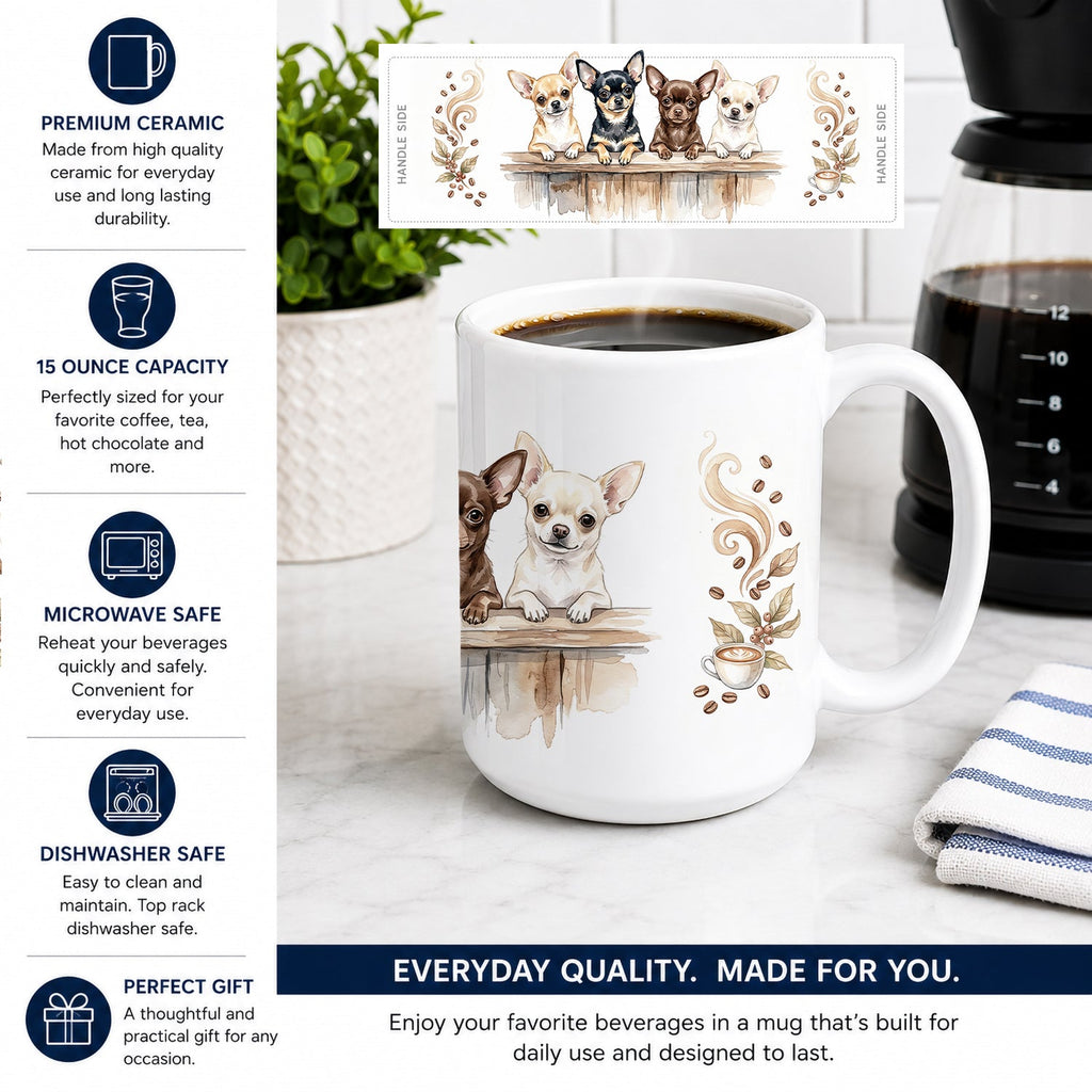 Chihuahuas Morning Coffee Ceramic Coffee Mug 15 oz Decorative Large C Handle Mug Cup for Tea, Cocoa Hot Chocolate