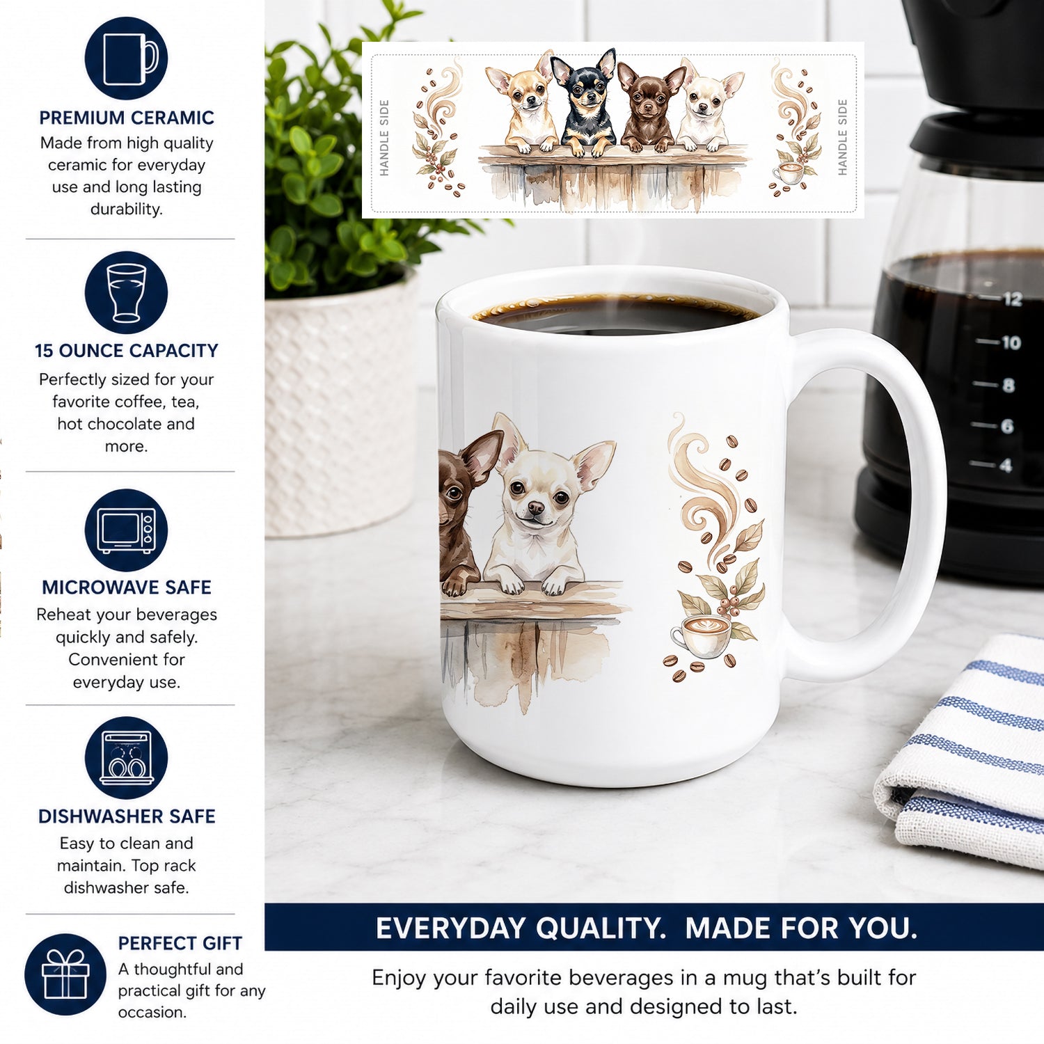 Chihuahuas Morning Coffee Ceramic Coffee Mug 15 oz Decorative Large C Handle Mug Cup for Tea, Cocoa Hot Chocolate