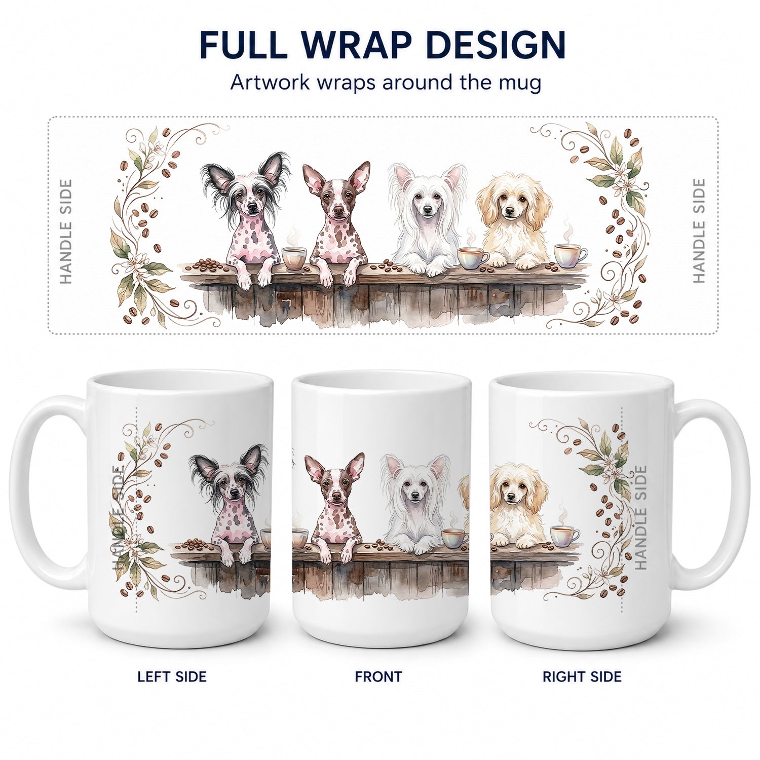 Chinese Cresteds Morning Coffee Ceramic Coffee Mug 15 oz Decorative Large C Handle Mug Cup for Tea, Cocoa Hot Chocolate