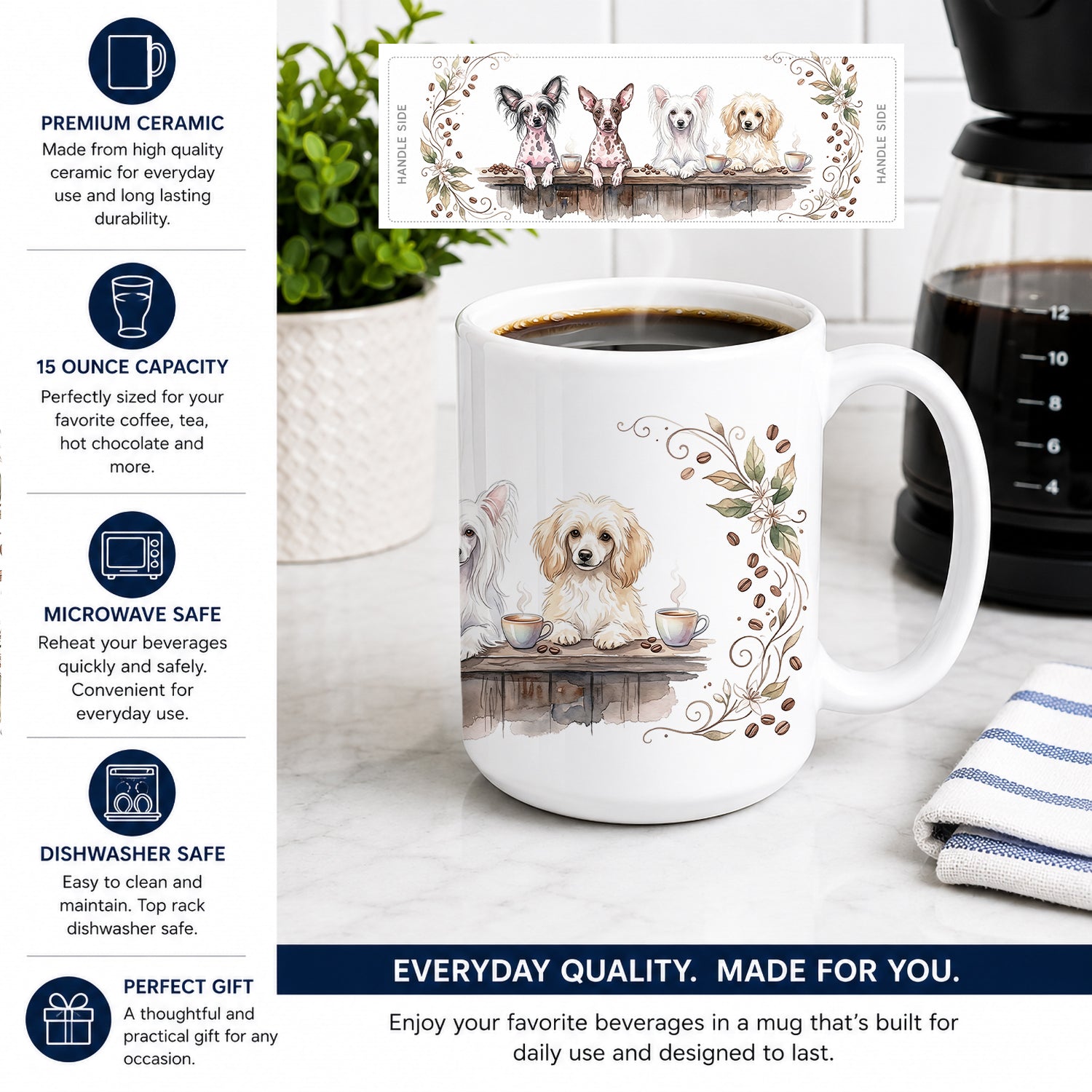Chinese Cresteds Morning Coffee Ceramic Coffee Mug 15 oz Decorative Large C Handle Mug Cup for Tea, Cocoa Hot Chocolate