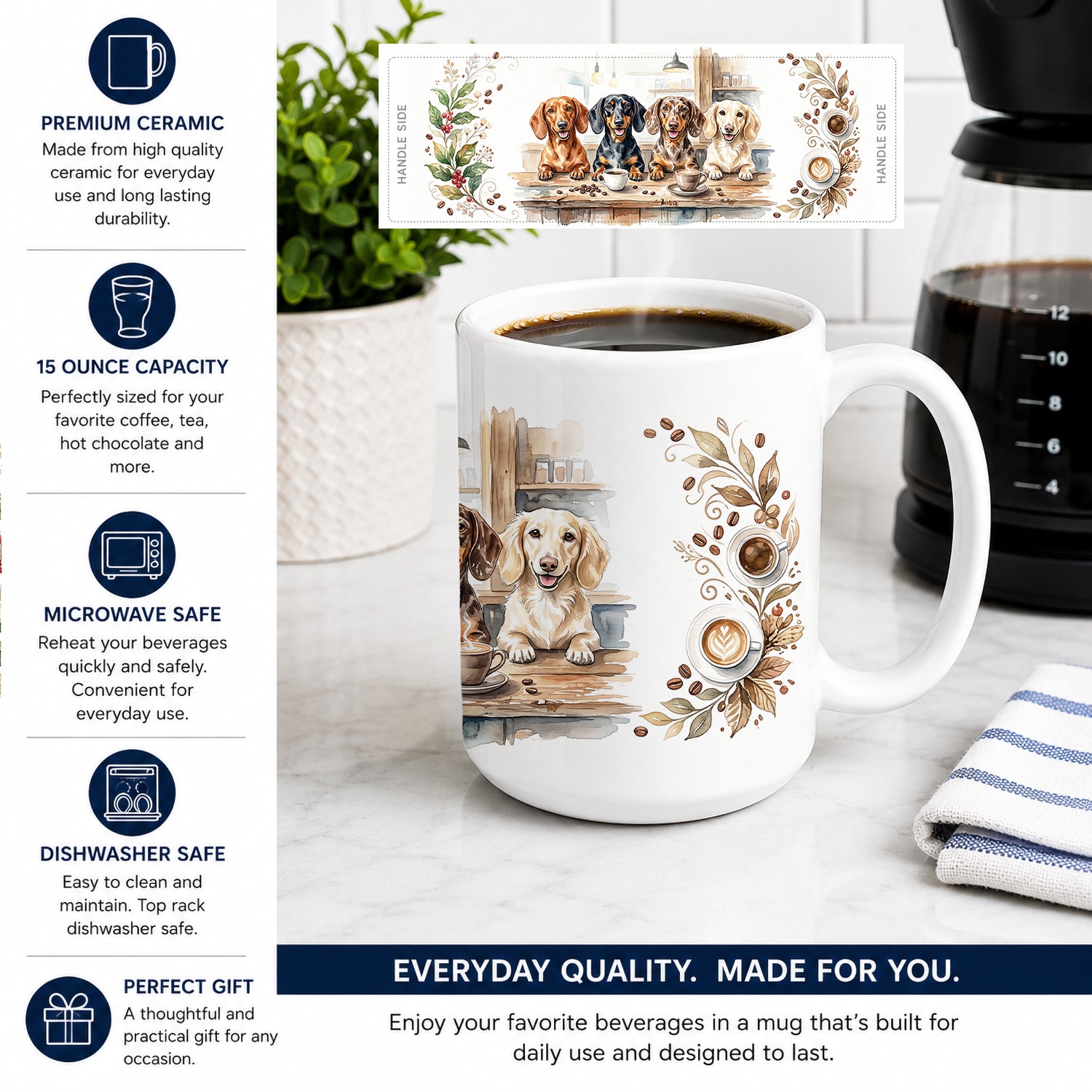 Dachshunds Morning Coffee Ceramic Coffee Mug 15 oz Decorative Large C Handle Mug Cup for Tea, Cocoa Hot Chocolate