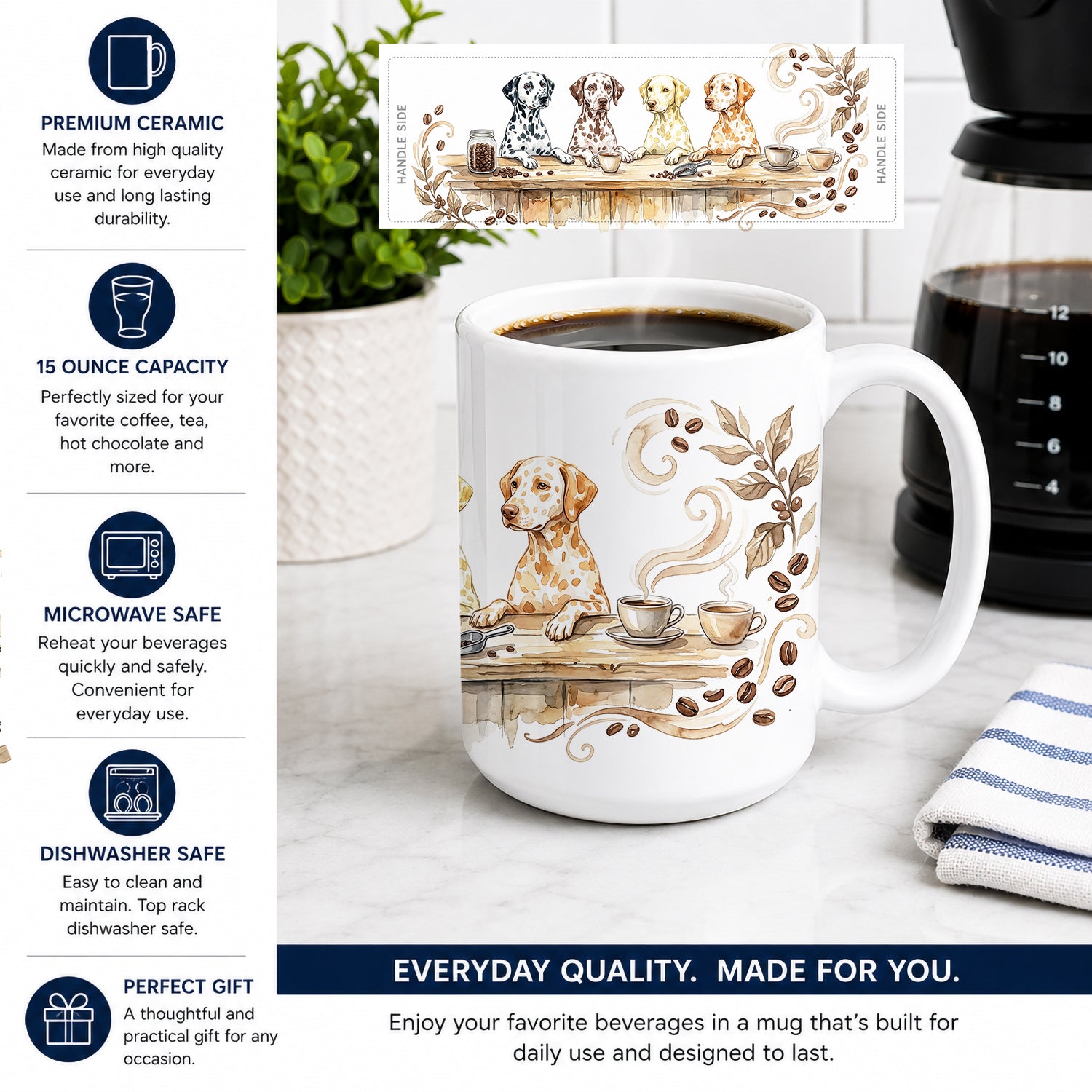 Dalmatians Morning Coffee Ceramic Coffee Mug 15 oz Decorative Large C Handle Mug Cup for Tea, Cocoa Hot Chocolate