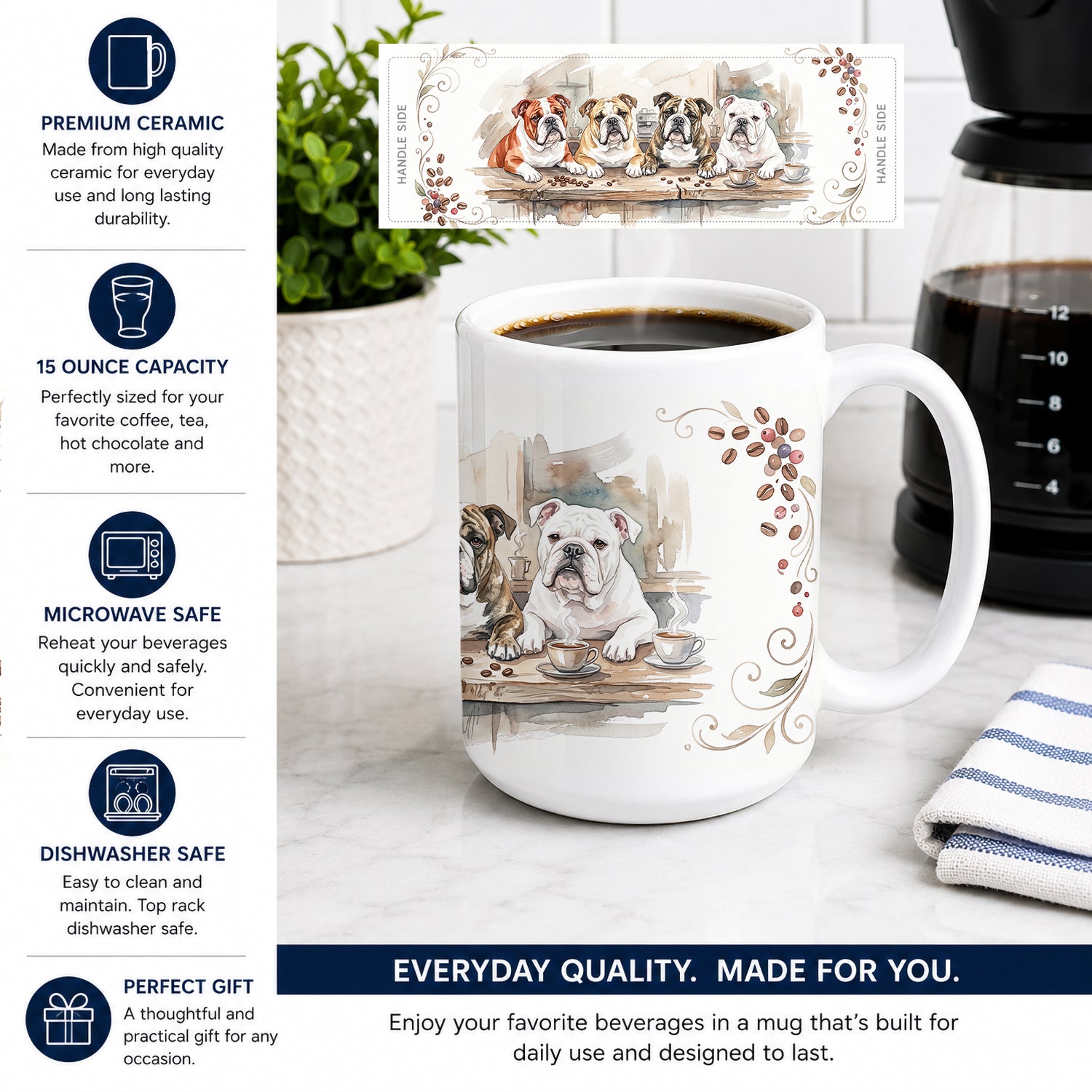 English Bulldogs Morning Coffee Ceramic Coffee Mug 15 oz Decorative Large C Handle Mug Cup for Tea, Cocoa Hot Chocolate