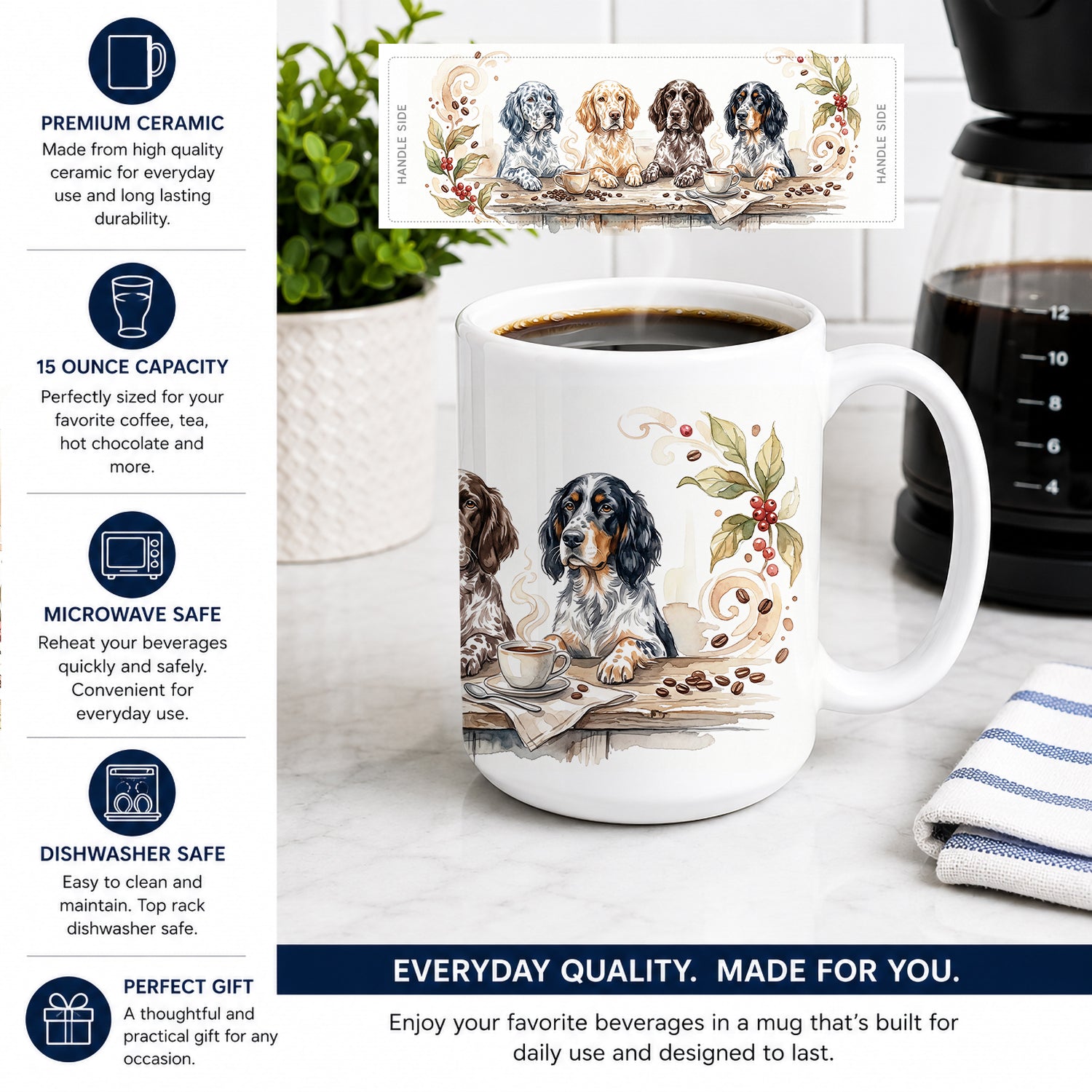 English Setters Morning Coffee Ceramic Coffee Mug 15 oz Decorative Large C Handle Mug Cup for Tea, Cocoa Hot Chocolate