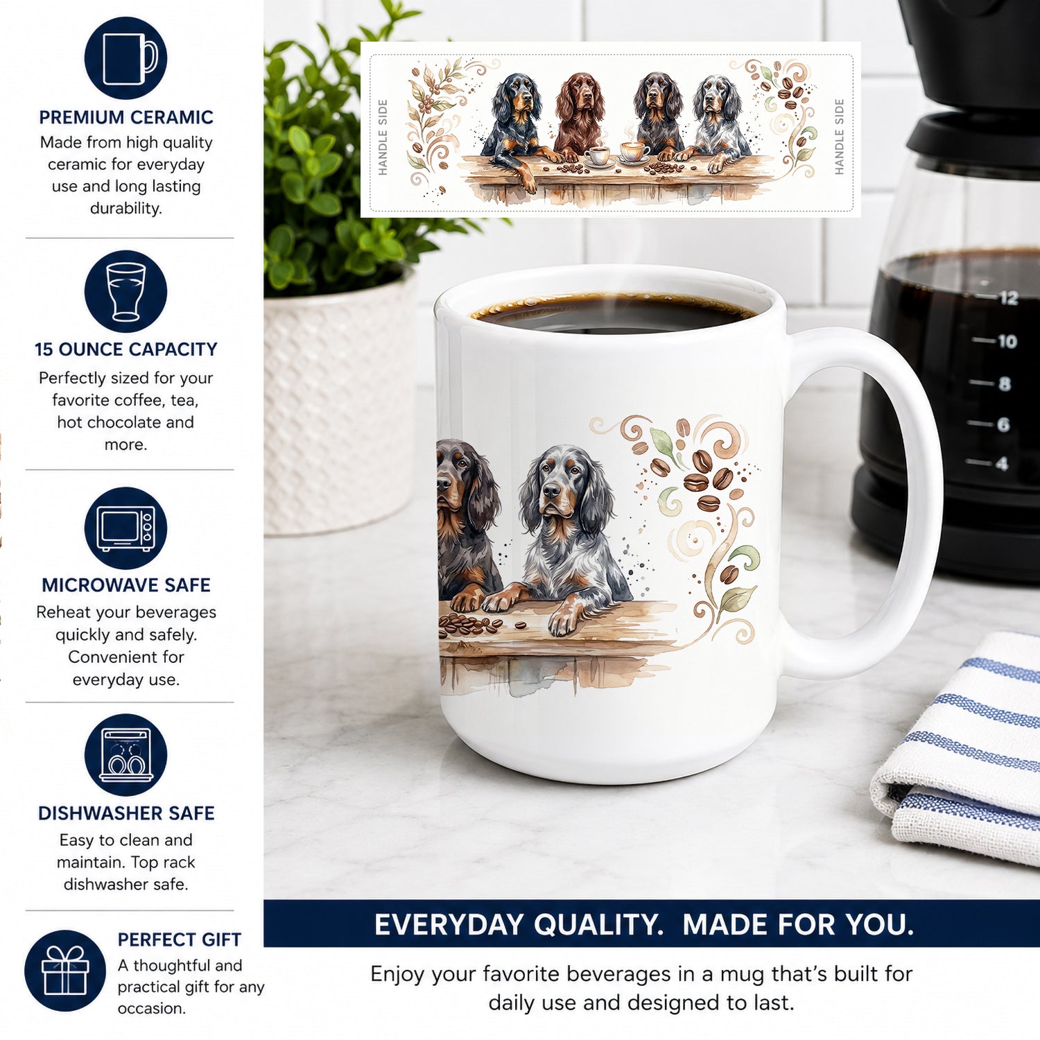 Gordon Setters Morning Coffee Ceramic Coffee Mug 15 oz Decorative Large C Handle Mug Cup for Tea, Cocoa Hot Chocolate