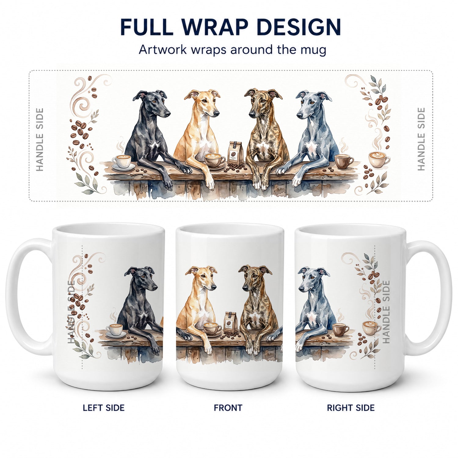 Greyhounds Morning Coffee Ceramic Coffee Mug 15 oz Decorative Large C Handle Mug Cup for Tea, Cocoa Hot Chocolate