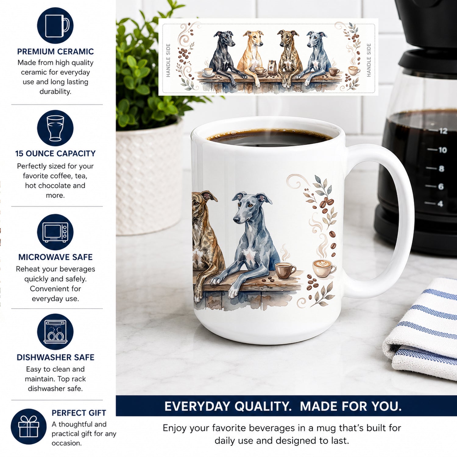 Greyhounds Morning Coffee Ceramic Coffee Mug 15 oz Decorative Large C Handle Mug Cup for Tea, Cocoa Hot Chocolate