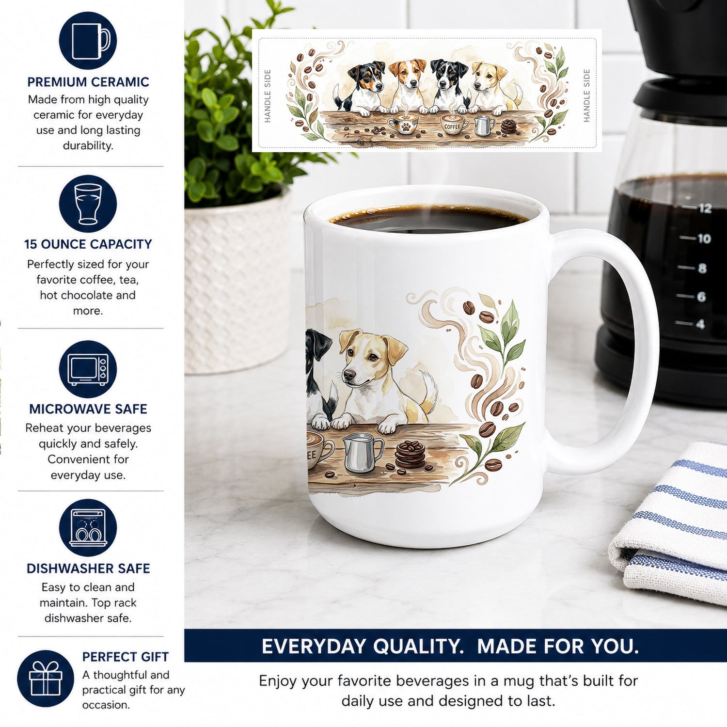 Jack Russell Terriers Morning Coffee Ceramic Coffee Mug 15 oz Decorative Large C Handle Mug Cup for Tea, Cocoa Hot Chocolate