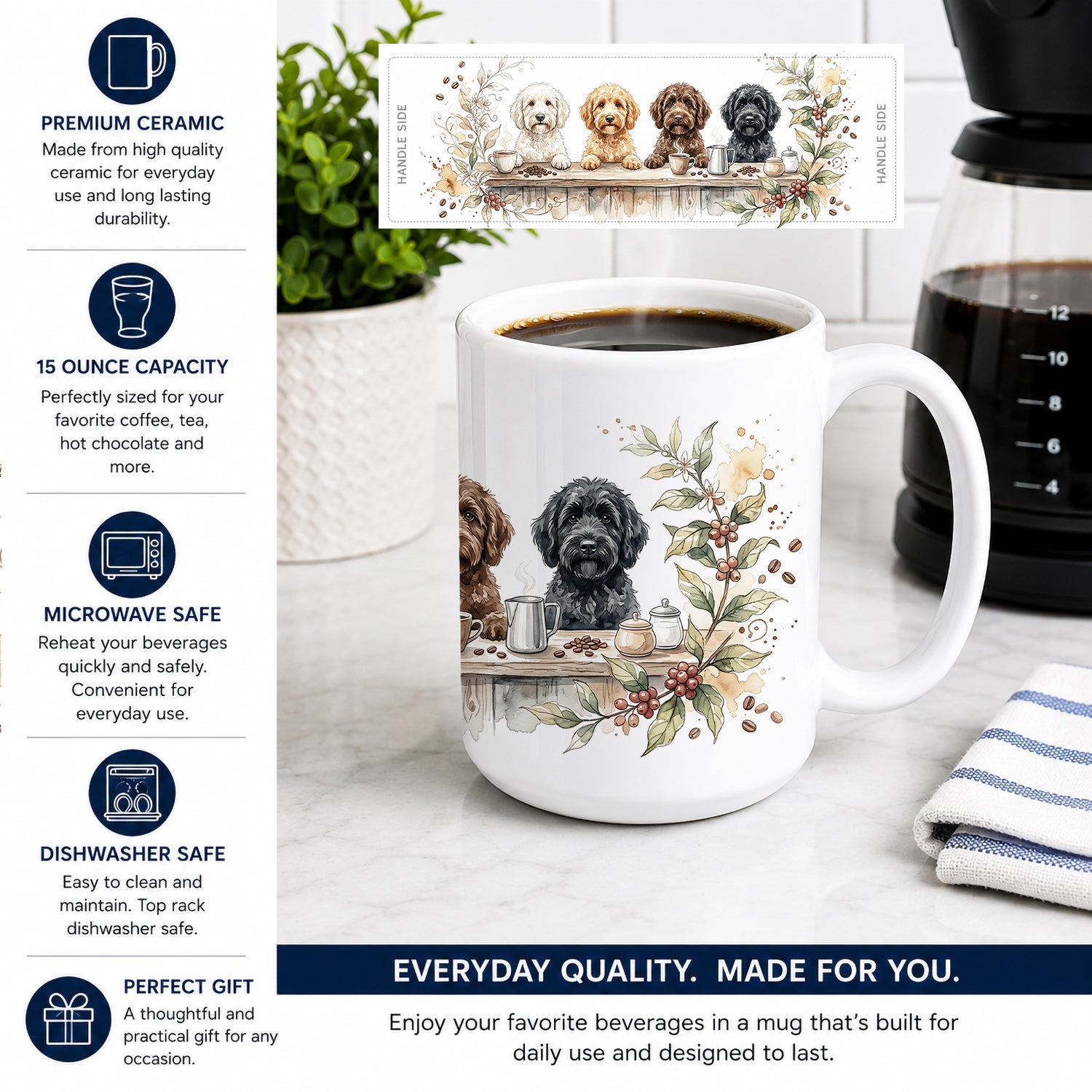 Labradoodles Morning Coffee Ceramic Coffee Mug 15 oz Decorative Large C Handle Mug Cup for Tea, Cocoa Hot Chocolate