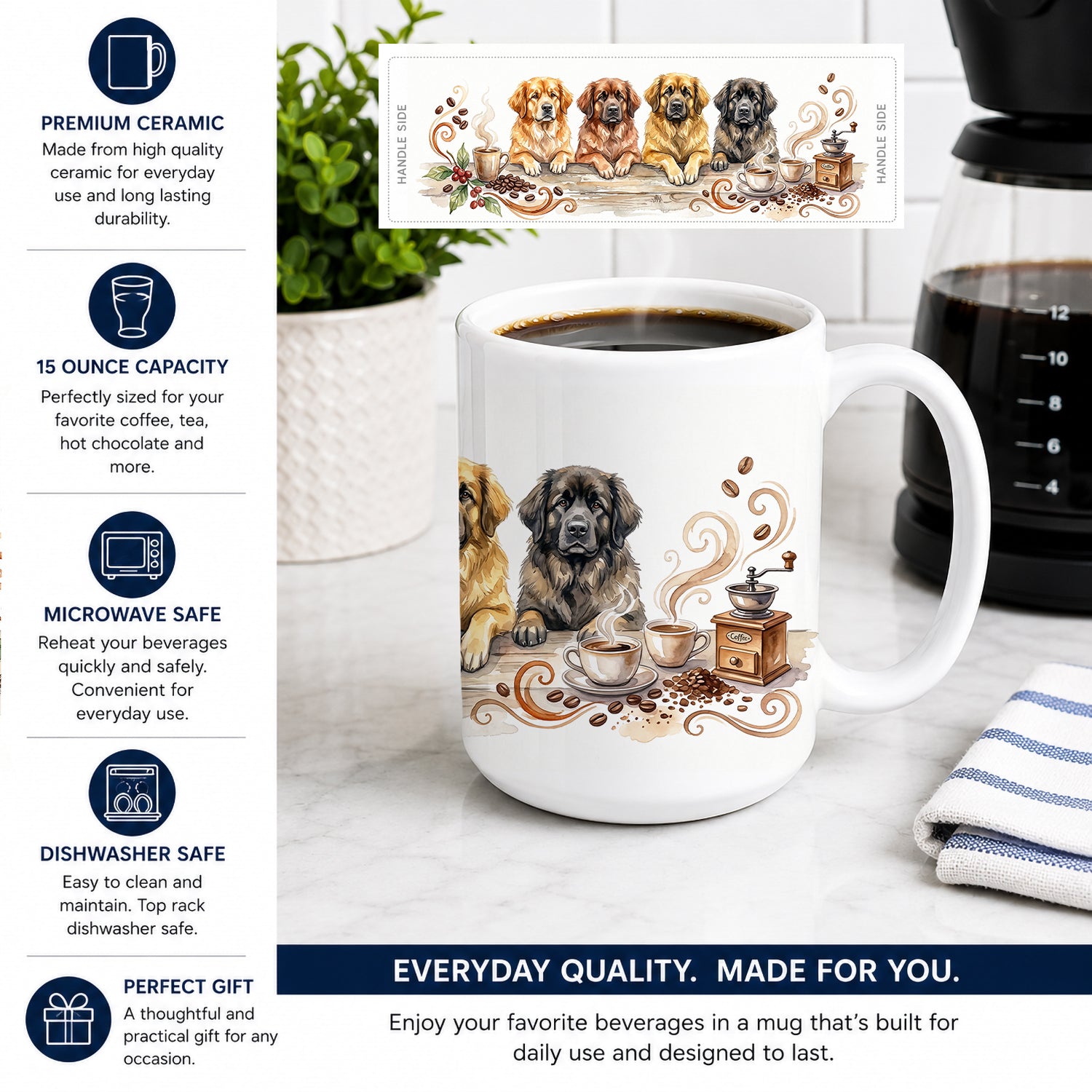 Leonbergers Morning Coffee Ceramic Coffee Mug 15 oz Decorative Large C Handle Mug Cup for Tea, Cocoa Hot Chocolate