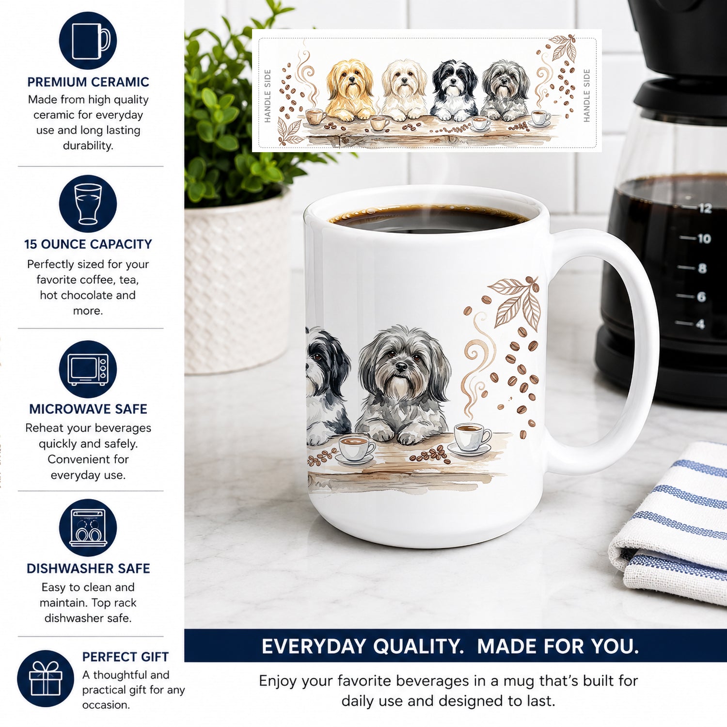 Lhasa Apsos Morning Coffee Ceramic Coffee Mug 15 oz Decorative Large C Handle Mug Cup for Tea, Cocoa Hot Chocolate