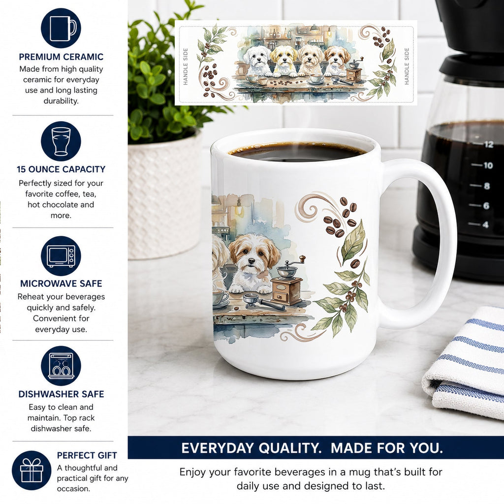 Maltese Morning Coffee Ceramic Coffee Mug 15 oz Decorative Large C Handle Mug Cup for Tea, Cocoa Hot Chocolate
