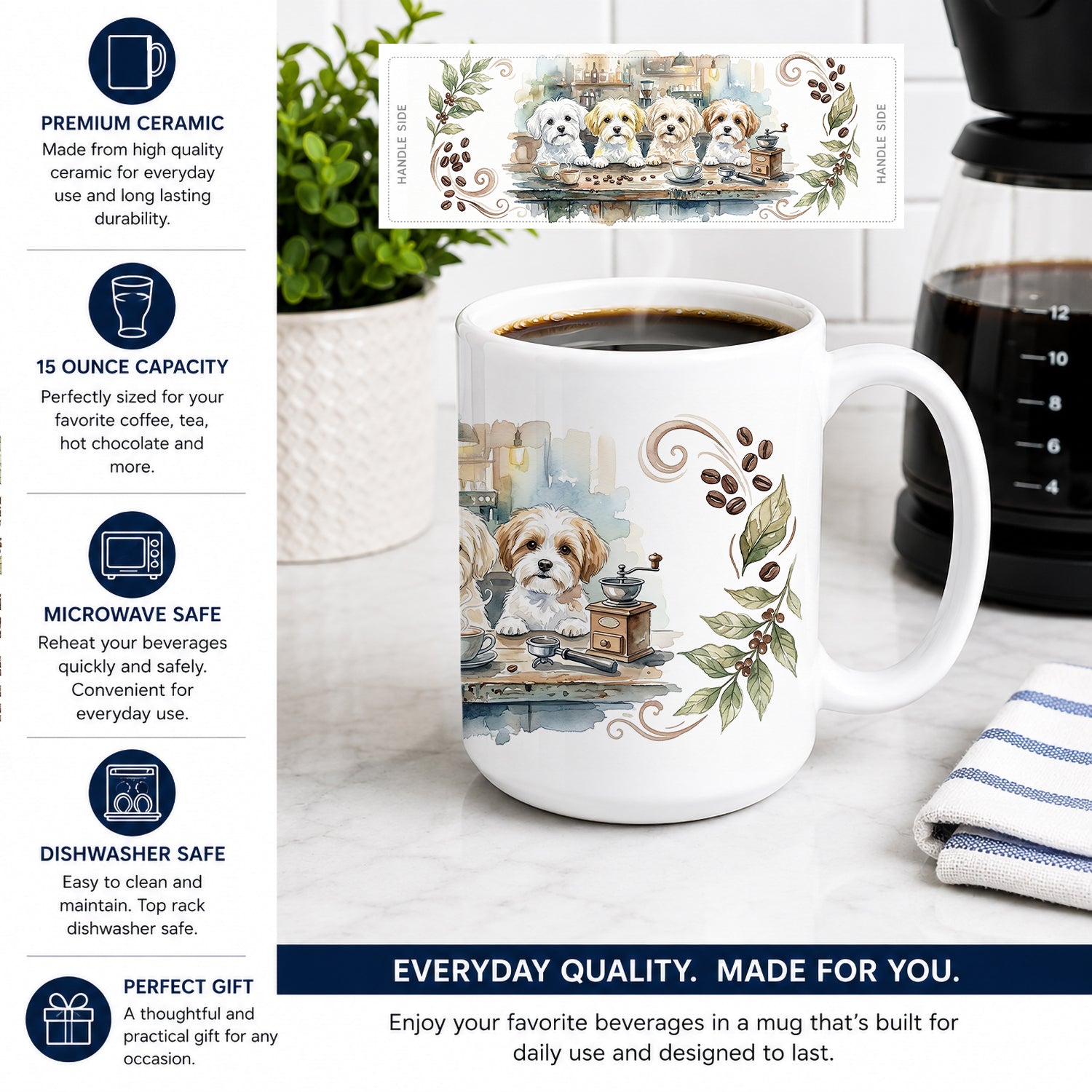 Maltese Morning Coffee Ceramic Coffee Mug 15 oz Decorative Large C Handle Mug Cup for Tea, Cocoa Hot Chocolate