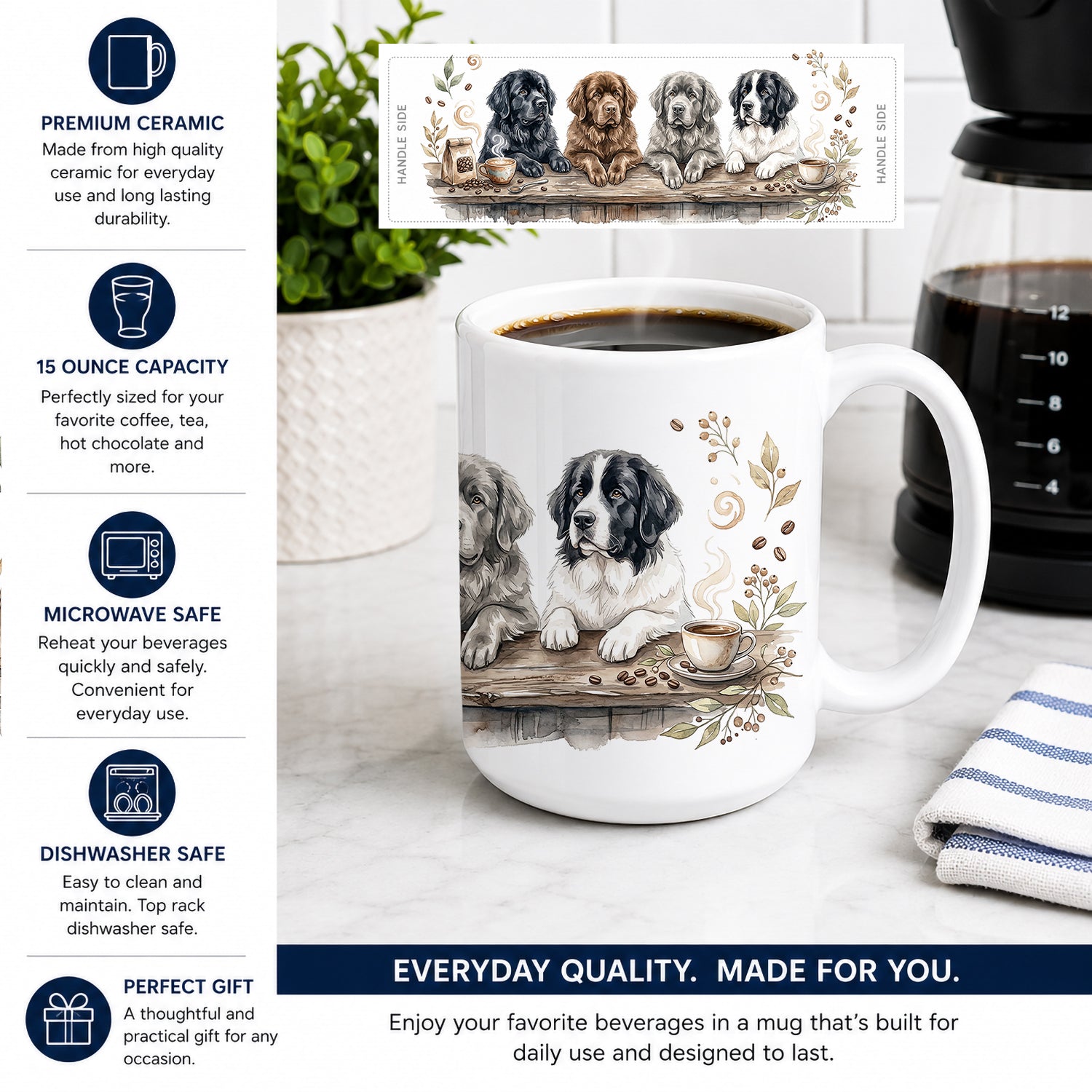 Newfoundlands Morning Coffee Ceramic Coffee Mug 15 oz Decorative Large C Handle Mug Cup for Tea, Cocoa Hot Chocolate