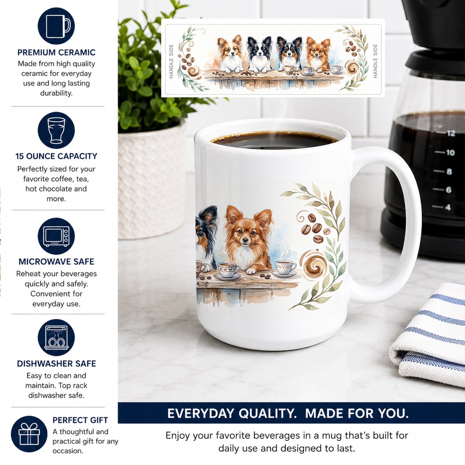 Papillons Morning Coffee Ceramic Coffee Mug 15 oz Decorative Large C Handle Mug Cup for Tea, Cocoa Hot Chocolate