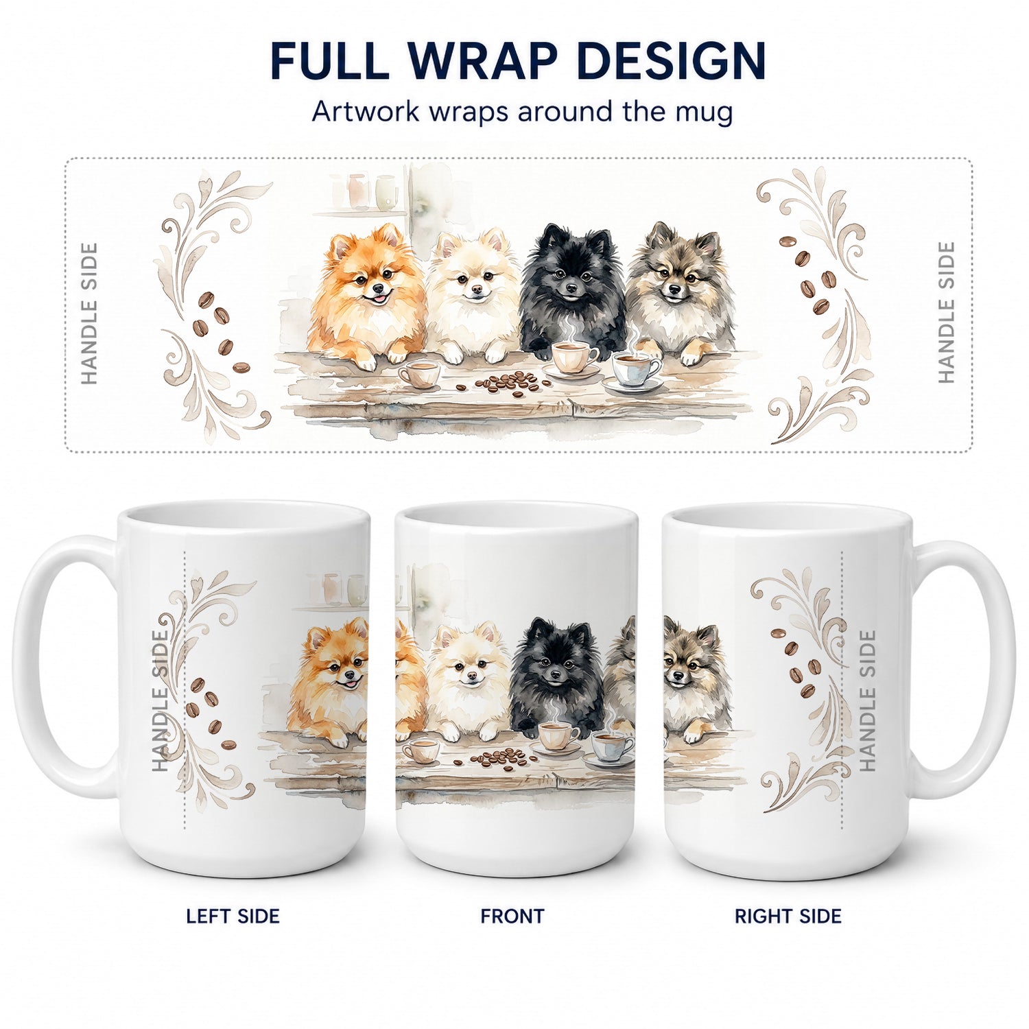 Pomeranians Morning Coffee Ceramic Coffee Mug 15 oz Decorative Large C Handle Mug Cup for Tea, Cocoa Hot Chocolate
