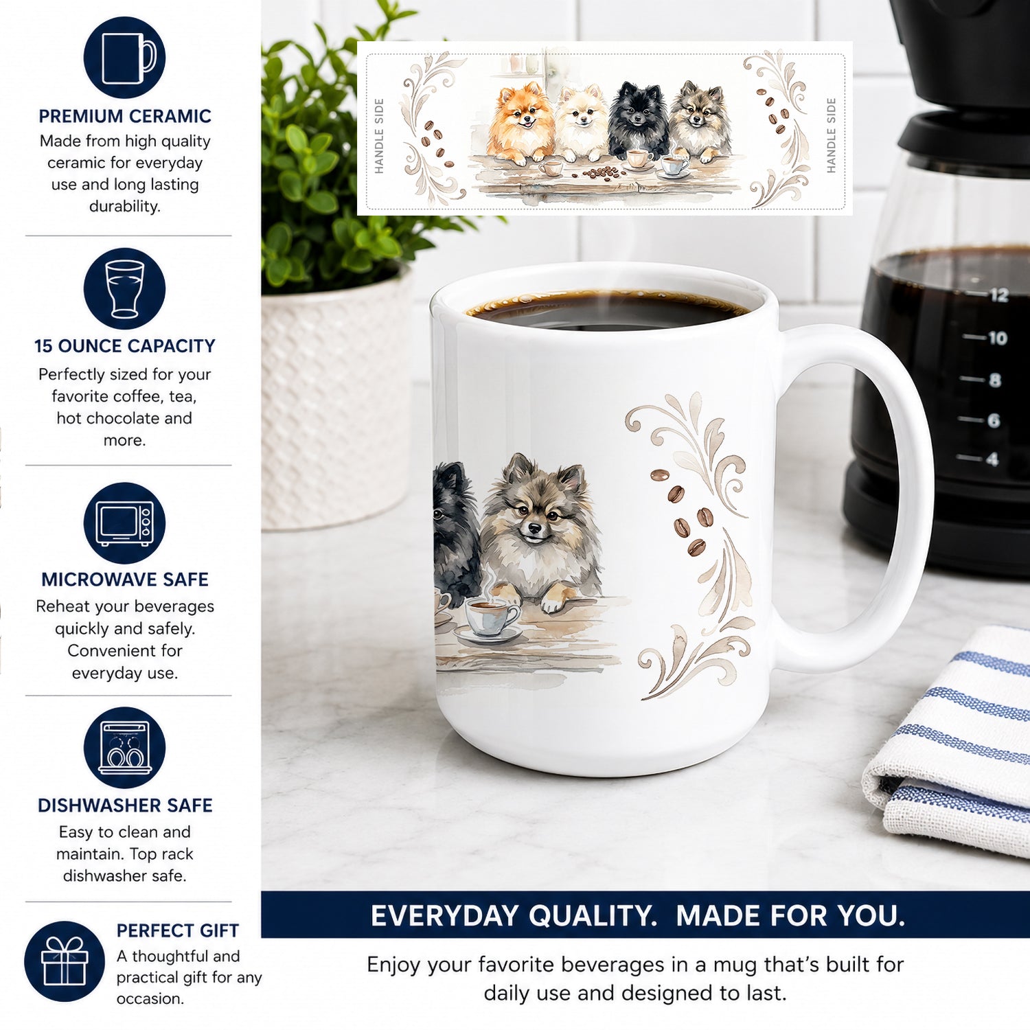 Pomeranians Morning Coffee Ceramic Coffee Mug 15 oz Decorative Large C Handle Mug Cup for Tea, Cocoa Hot Chocolate
