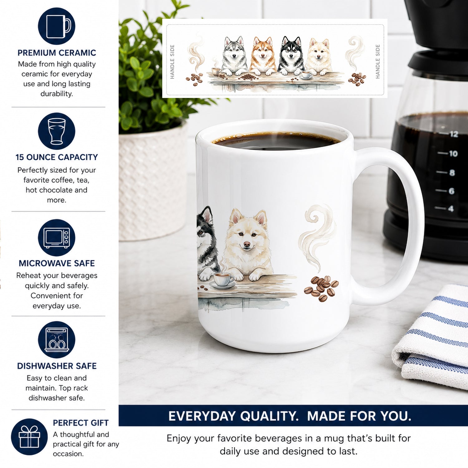 Pomskies Morning Coffee Ceramic Coffee Mug 15 oz Decorative Large C Handle Mug Cup for Tea, Cocoa Hot Chocolate