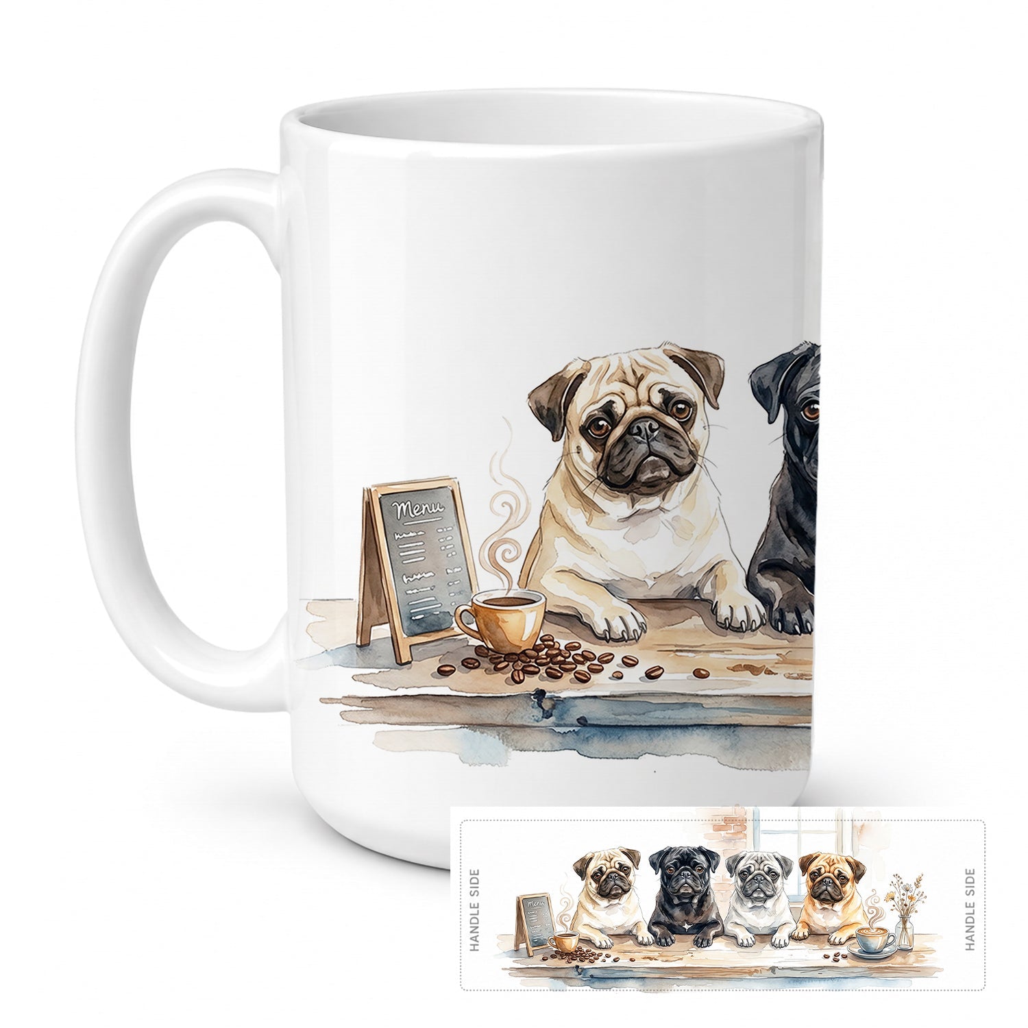 Pugs Morning Coffee Ceramic Coffee Mug 15 oz Decorative Large C Handle Mug Cup for Tea, Cocoa Hot Chocolate