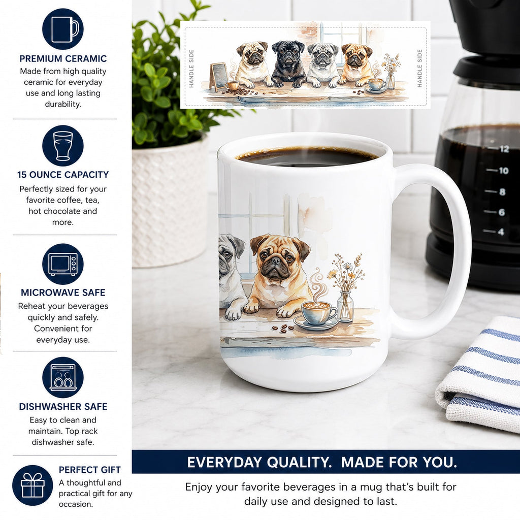 Pugs Morning Coffee Ceramic Coffee Mug 15 oz Decorative Large C Handle Mug Cup for Tea, Cocoa Hot Chocolate
