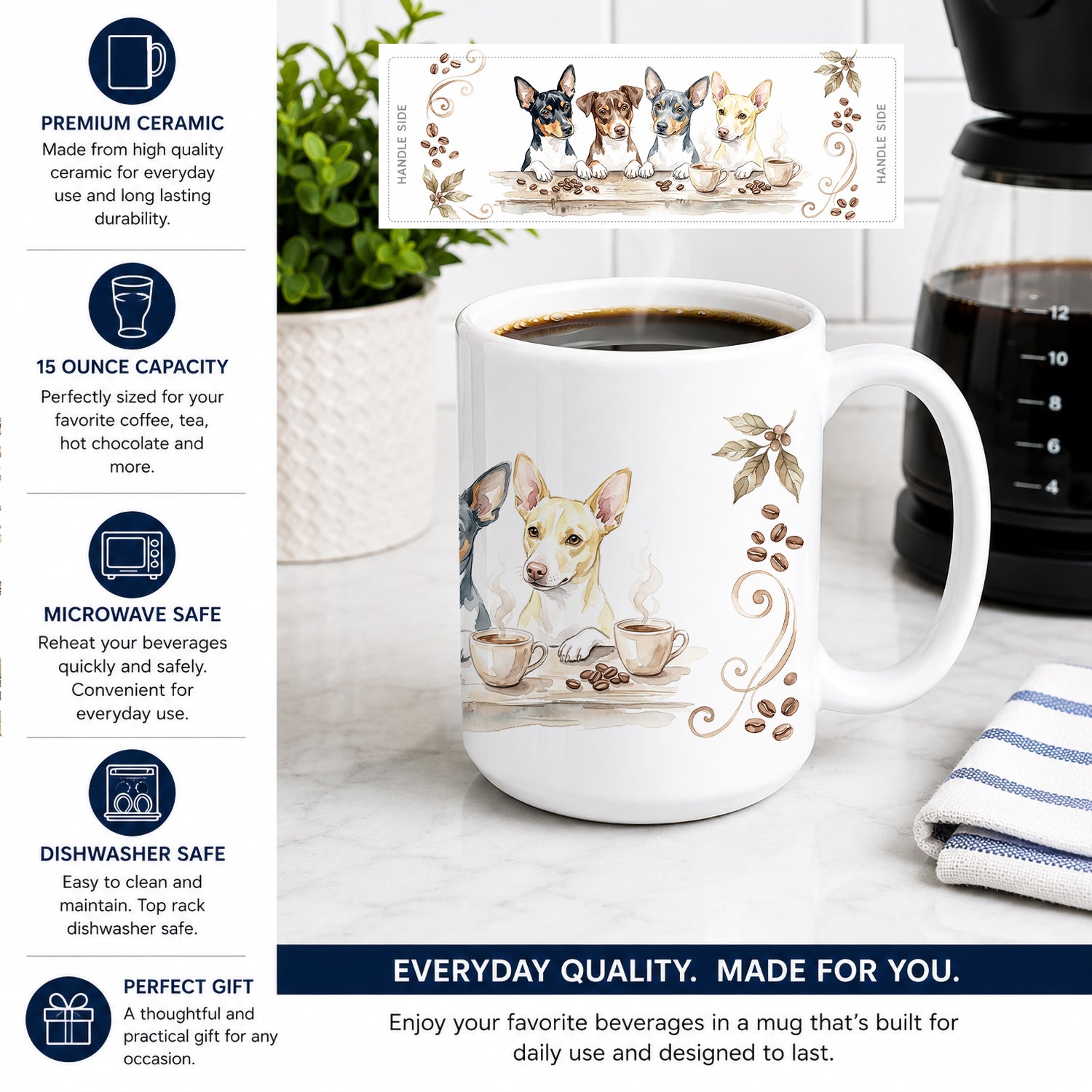 Rat Terriers Morning Coffee Ceramic Coffee Mug 15 oz Decorative Large C Handle Mug Cup for Tea, Cocoa Hot Chocolate