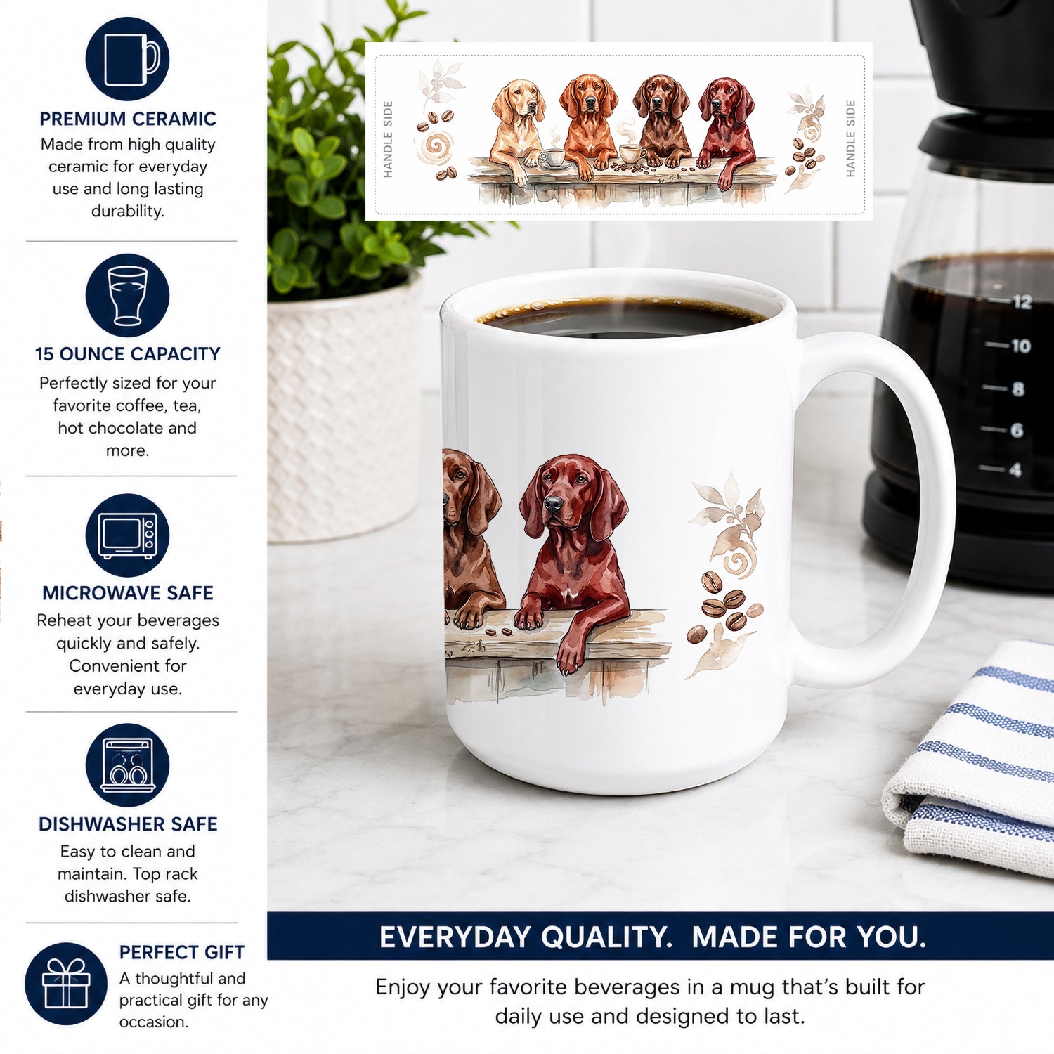 Redbone Coonhounds Morning Coffee Ceramic Coffee Mug 15 oz Decorative Large C Handle Mug Cup for Tea, Cocoa Hot Chocolate