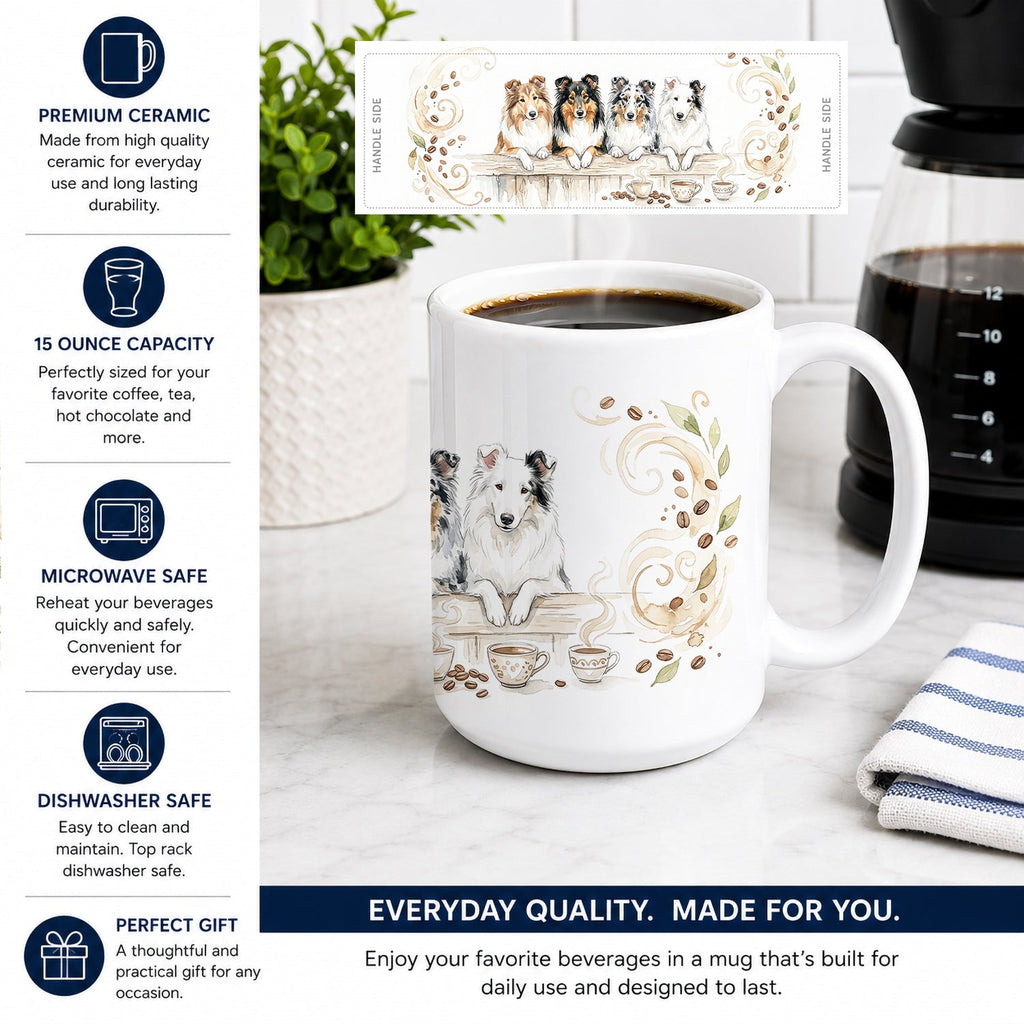 Rough Collies Morning Coffee Ceramic Coffee Mug 15 oz Decorative Large C Handle Mug Cup for Tea, Cocoa Hot Chocolate