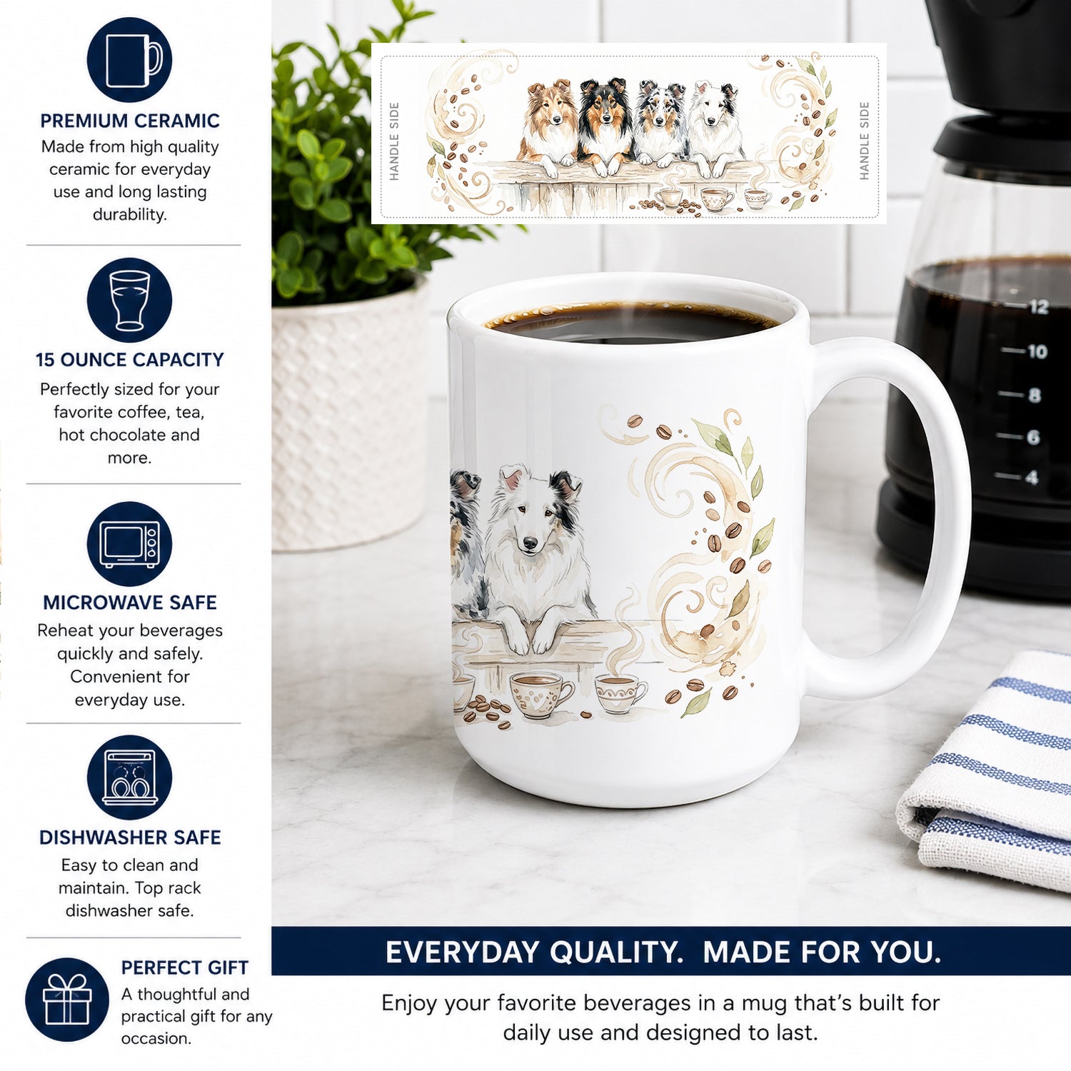 Rough Collies Morning Coffee Ceramic Coffee Mug 15 oz Decorative Large C Handle Mug Cup for Tea, Cocoa Hot Chocolate