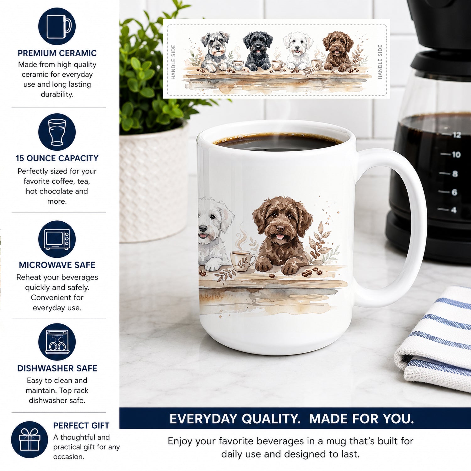 Schnoodles Morning Coffee Ceramic Coffee Mug 15 oz Decorative Large C Handle Mug Cup for Tea, Cocoa Hot Chocolate