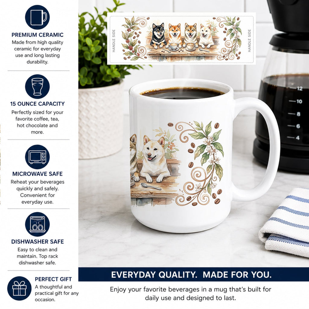 Shiba Inus Morning Coffee Ceramic Coffee Mug 15 oz Decorative Large C Handle Mug Cup for Tea, Cocoa Hot Chocolate