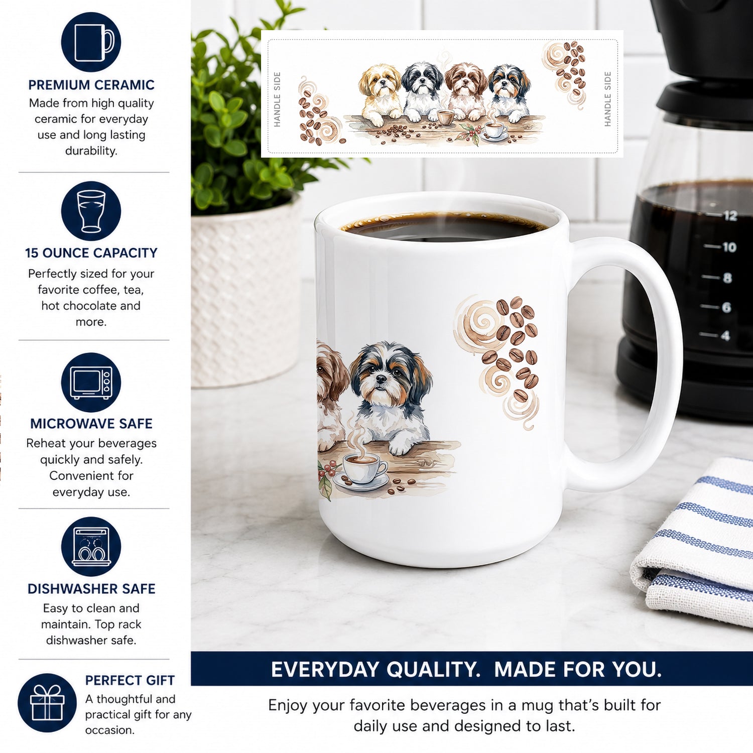 Shih Tzus Morning Coffee Ceramic Coffee Mug 15 oz Decorative Large C Handle Mug Cup for Tea, Cocoa Hot Chocolate
