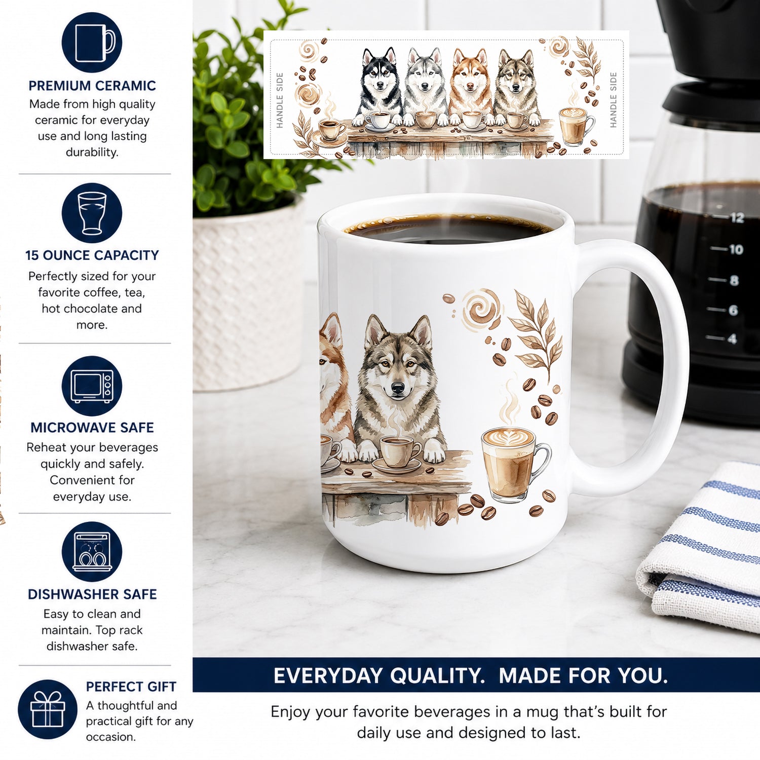 Siberian Husky Morning Coffee Ceramic Coffee Mug 15 oz Decorative Large C Handle Mug Cup for Tea, Cocoa Hot Chocolate