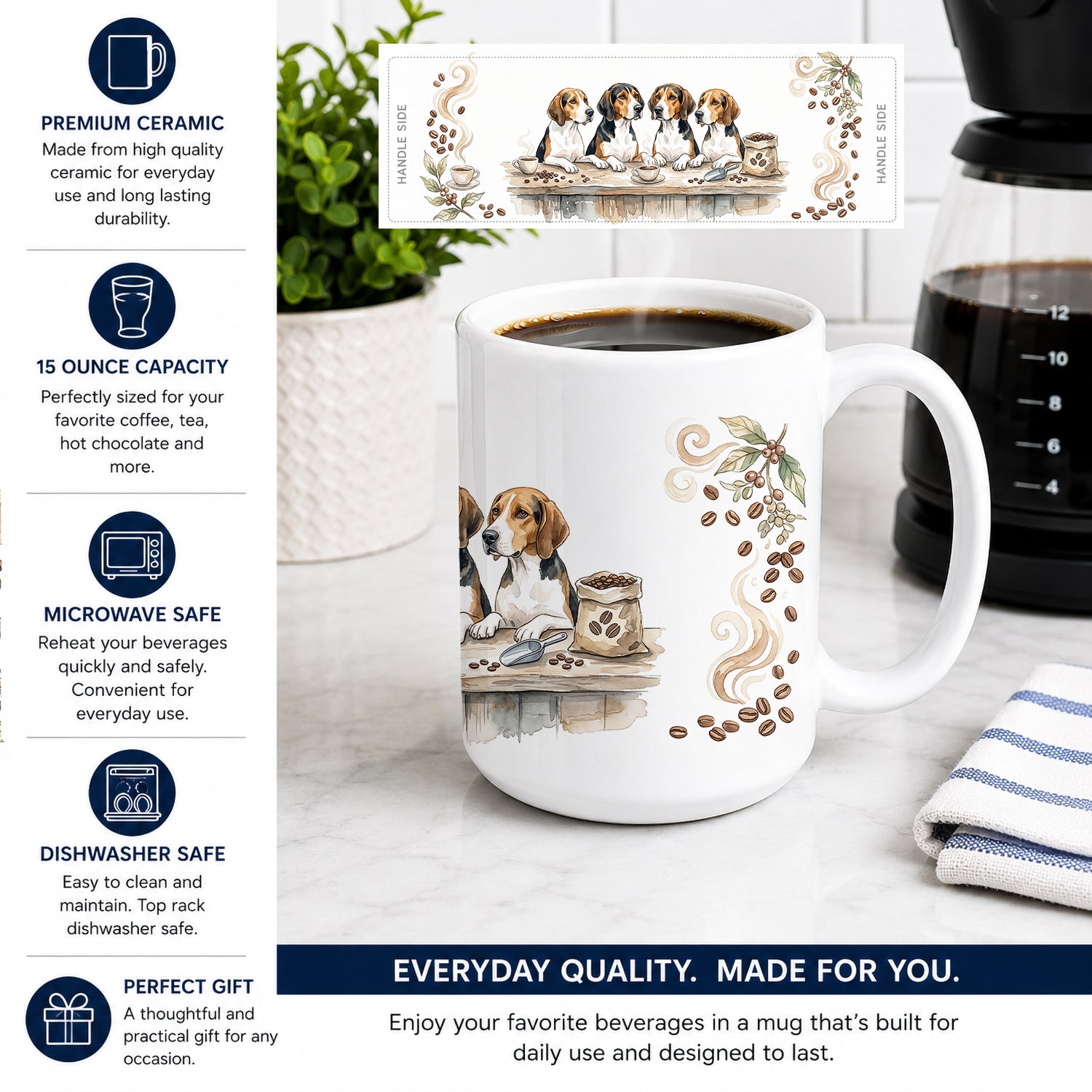 Treeing Walker Coonhounds Morning Coffee Ceramic Coffee Mug 15 oz Decorative Large C Handle Mug Cup for Tea, Cocoa Hot Chocolate