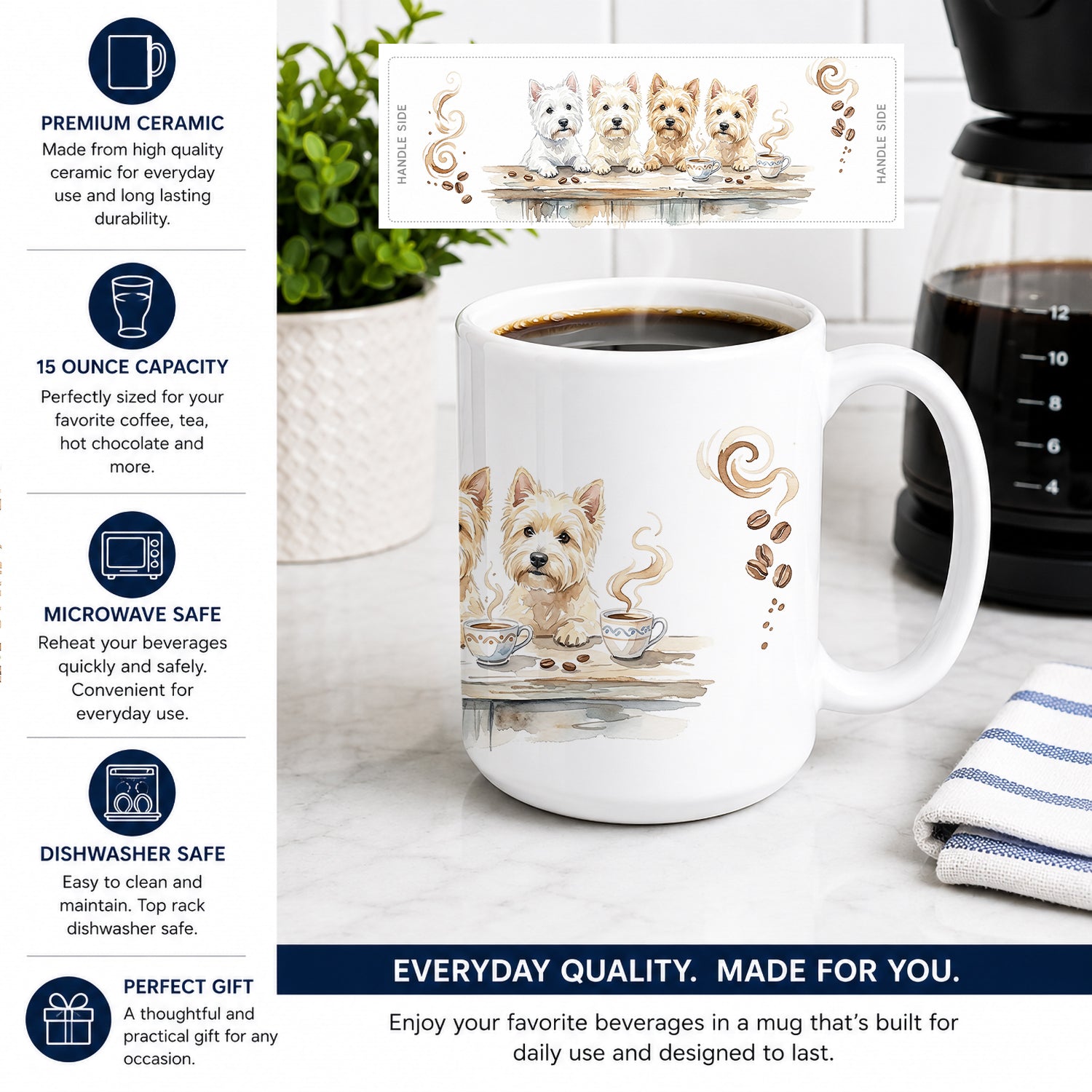 Westies Morning Coffee Ceramic Coffee Mug 15 oz Decorative Large C Handle Mug Cup for Tea, Cocoa Hot Chocolate