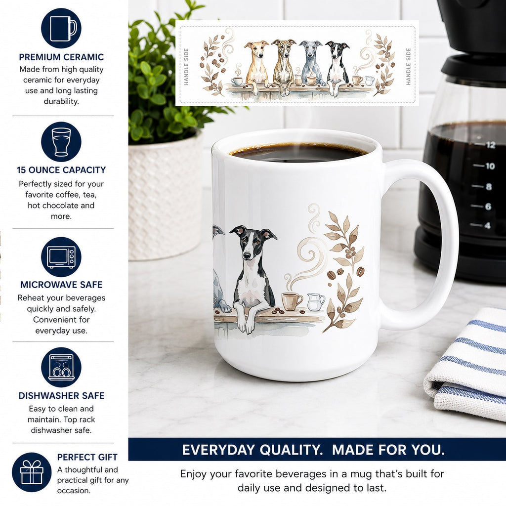 Whippets Morning Coffee Ceramic Coffee Mug 15 oz Decorative Large C Handle Mug Cup for Tea, Cocoa Hot Chocolate